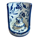 Bougeoir de chambre vintage en faïence bleu et blanc – décor peint main