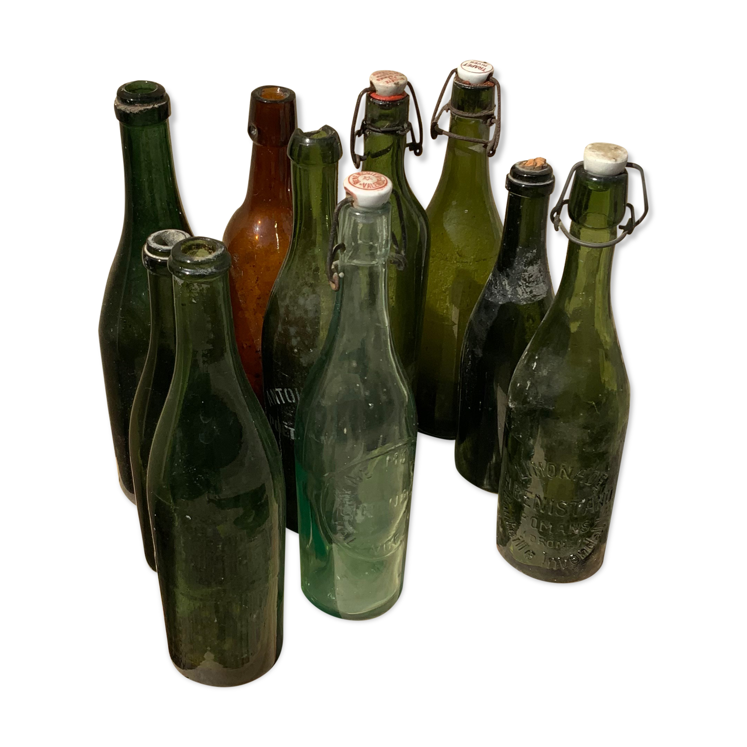 Lot 10 old bottles in blown glass deco bistro bar wine lemonade beer