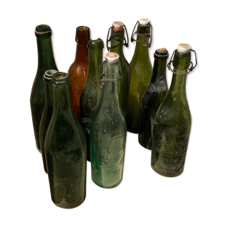 Lot 10 old bottles in blown glass deco bistro bar wine lemonade beer