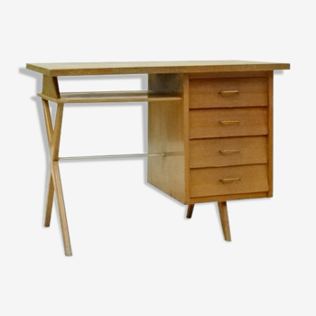 Bureau vintage 1950 pieds croisés et compas chêne