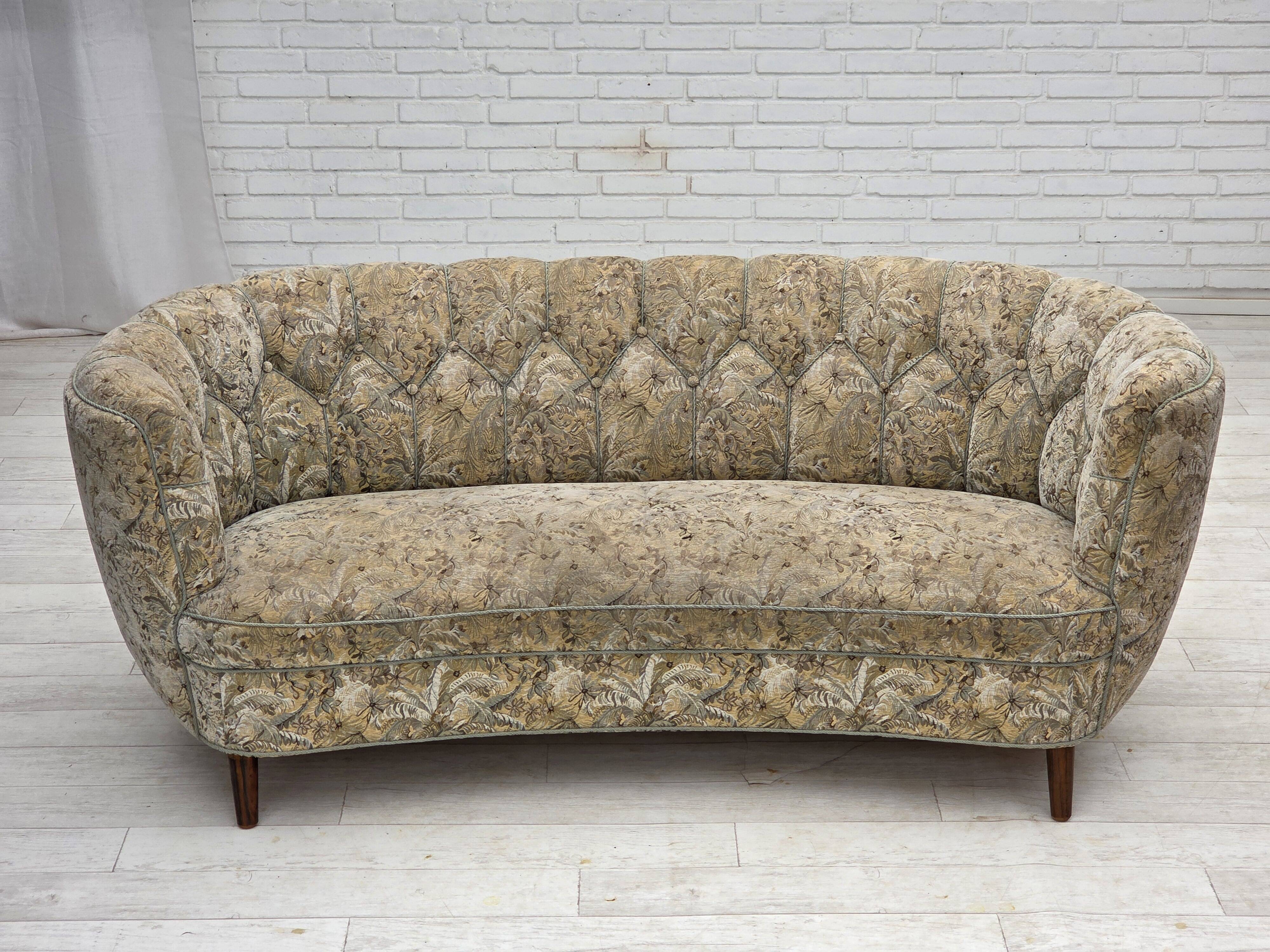 1970s, Danish 3 seater curved sofa, original multicolor furniture fabric.