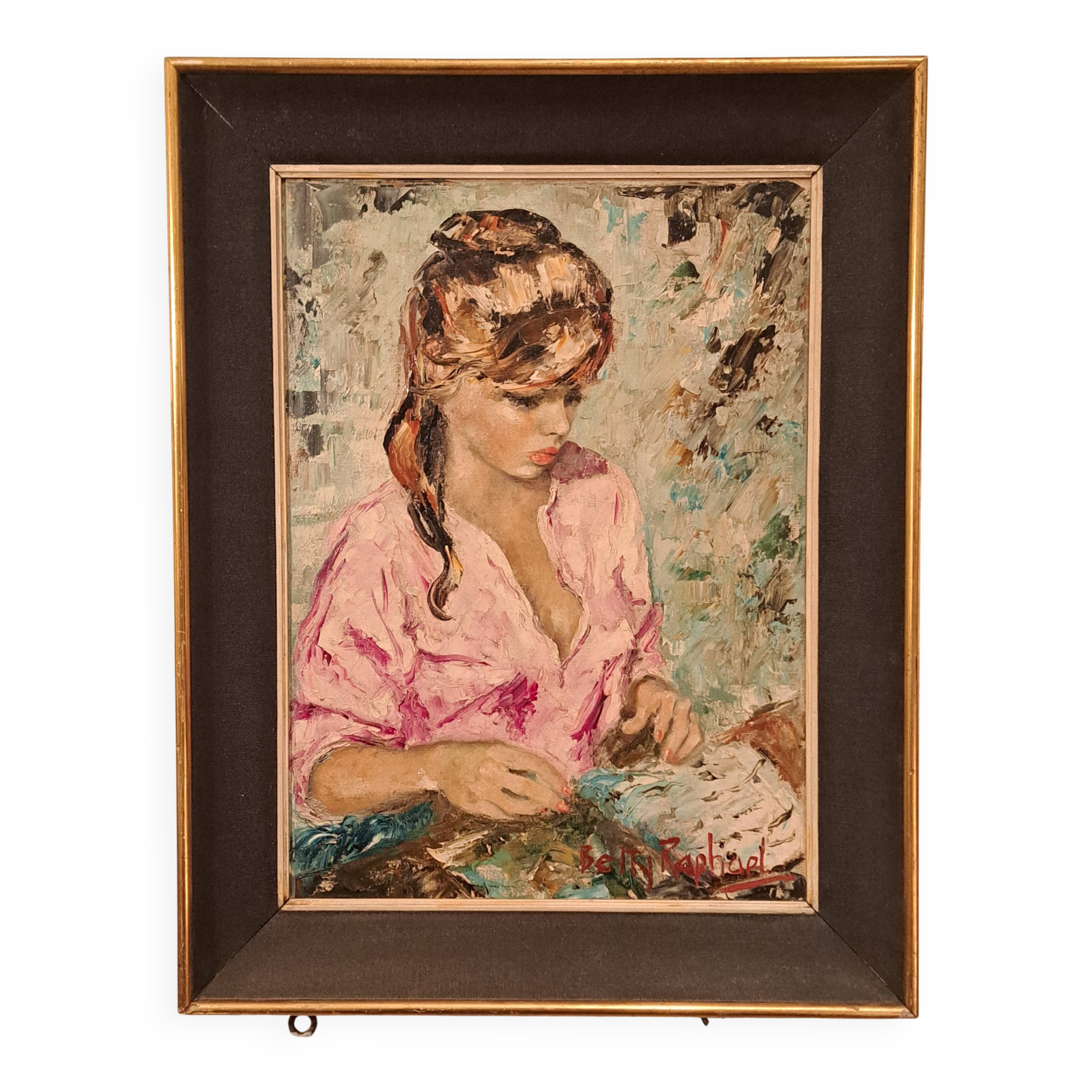 Oil portrait signed Betty Raphaël "the reader"