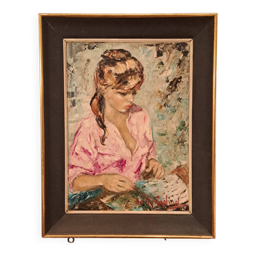 Oil portrait signed Betty Raphaël "the reader"