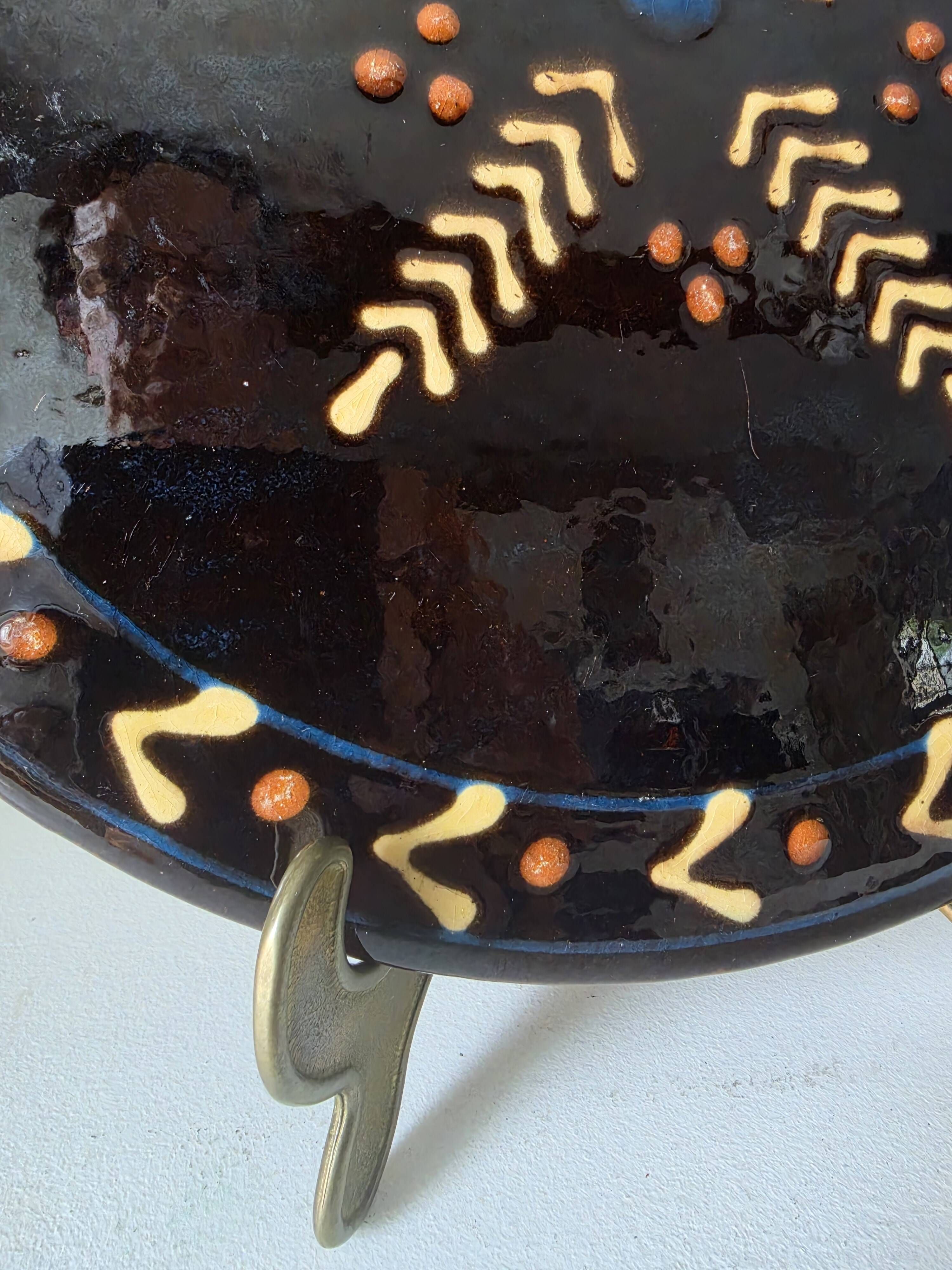 Rare black ceramic plate biot vintage stamp 1960 star 30 cm