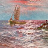 1950's Large Swedish Mid-Century Oil On Canvas " Sailing at Sunset " by Johan Ossian Andersson
