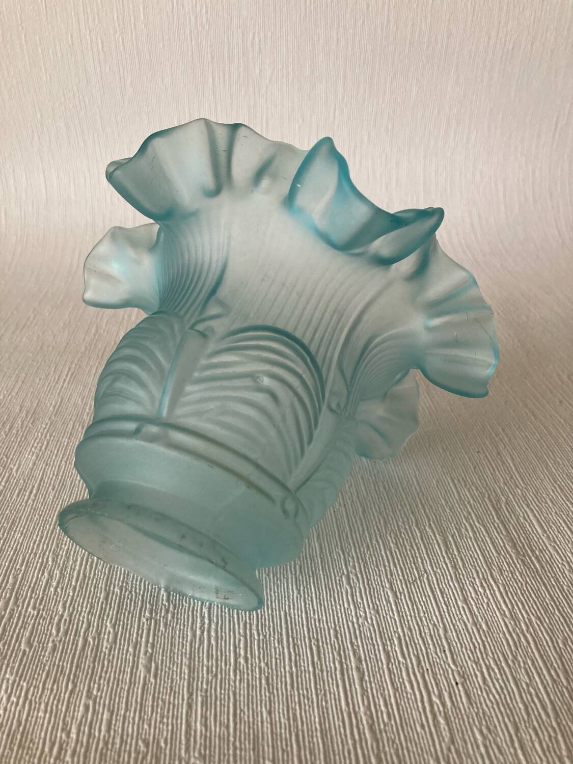 Antique tulip lampshade in blue frosted glass with pleated crown