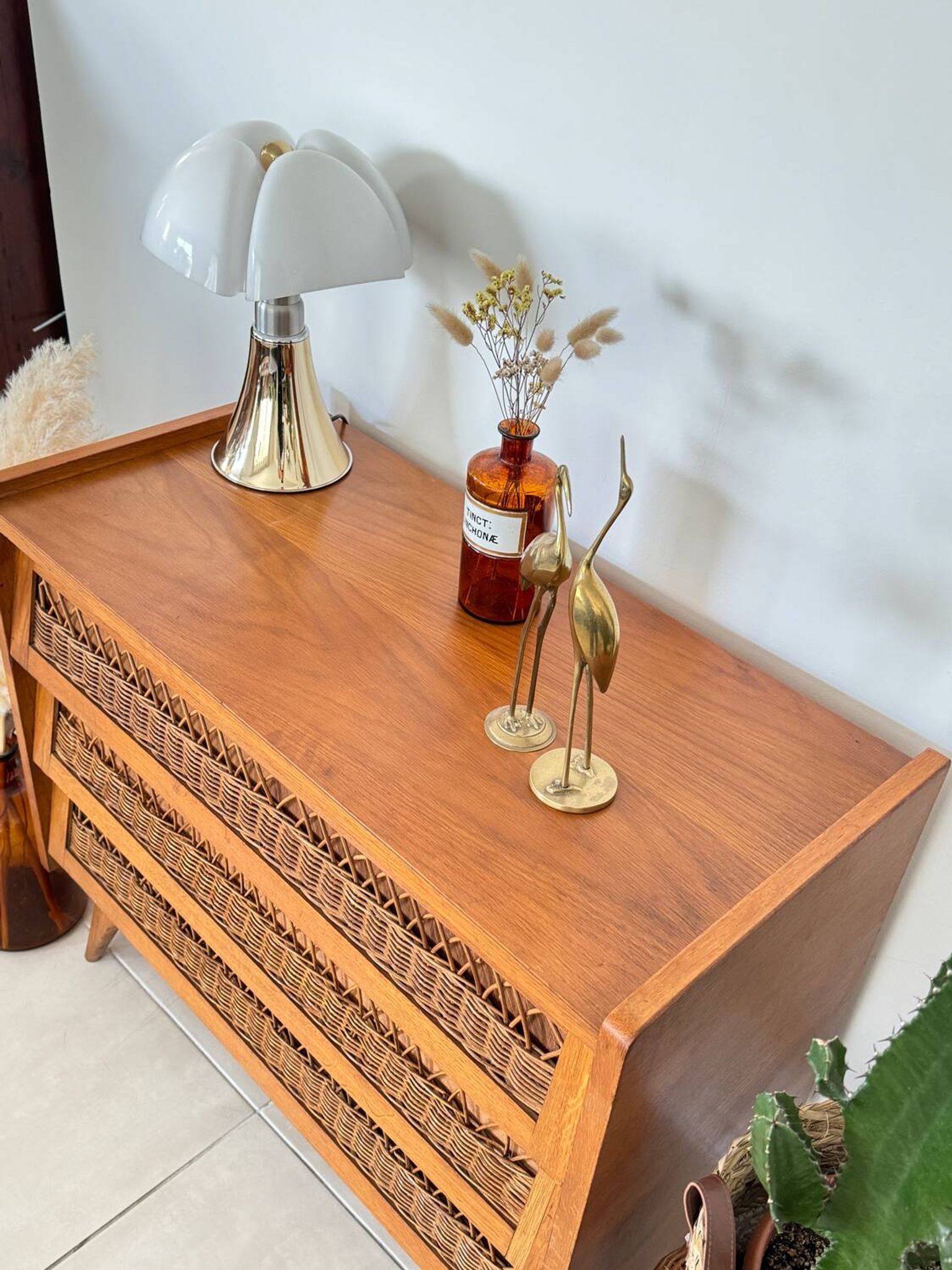 Commode bois et rotin vintage