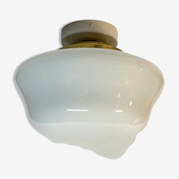 Large vintage globe ceiling light in opaline glass and brass fixing base