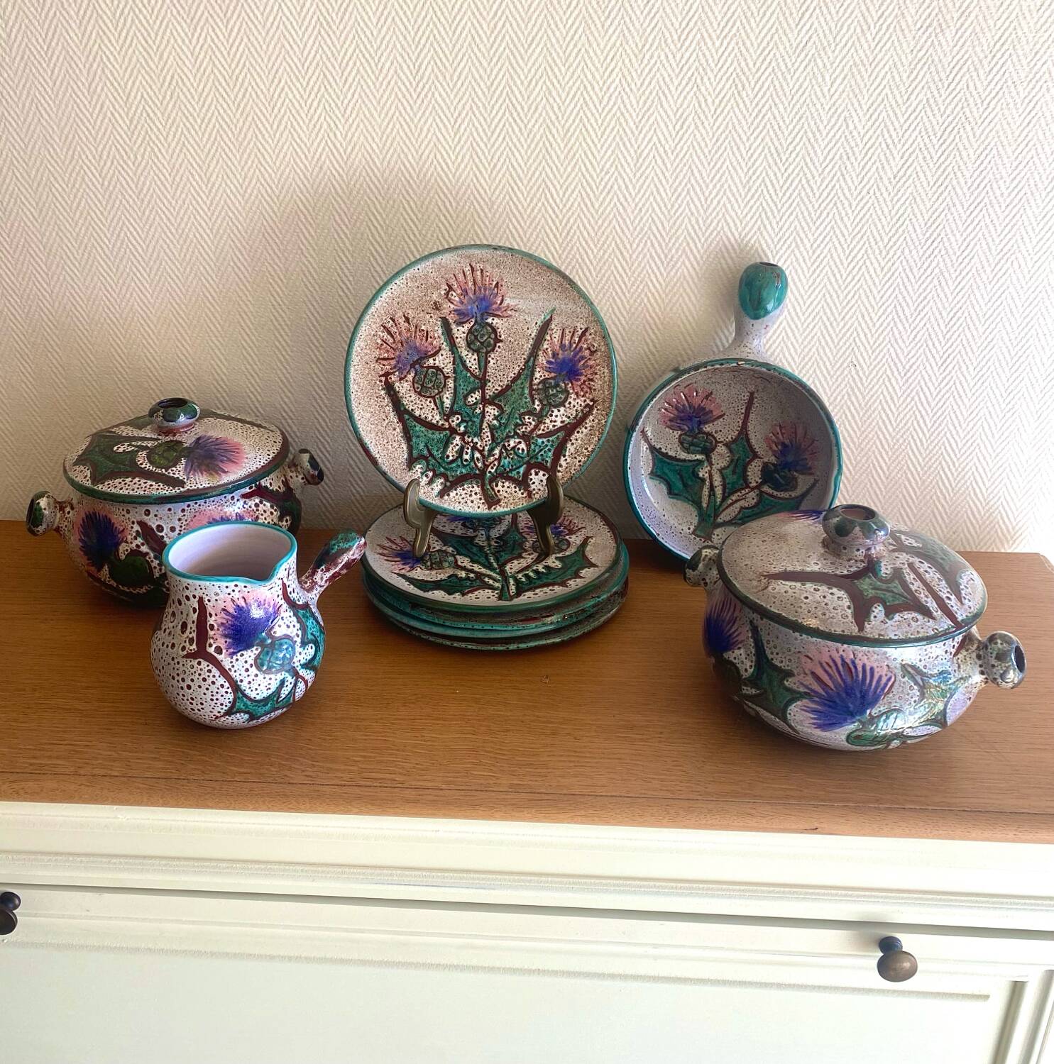 Service en ceramique vallauris 60s decor chardons