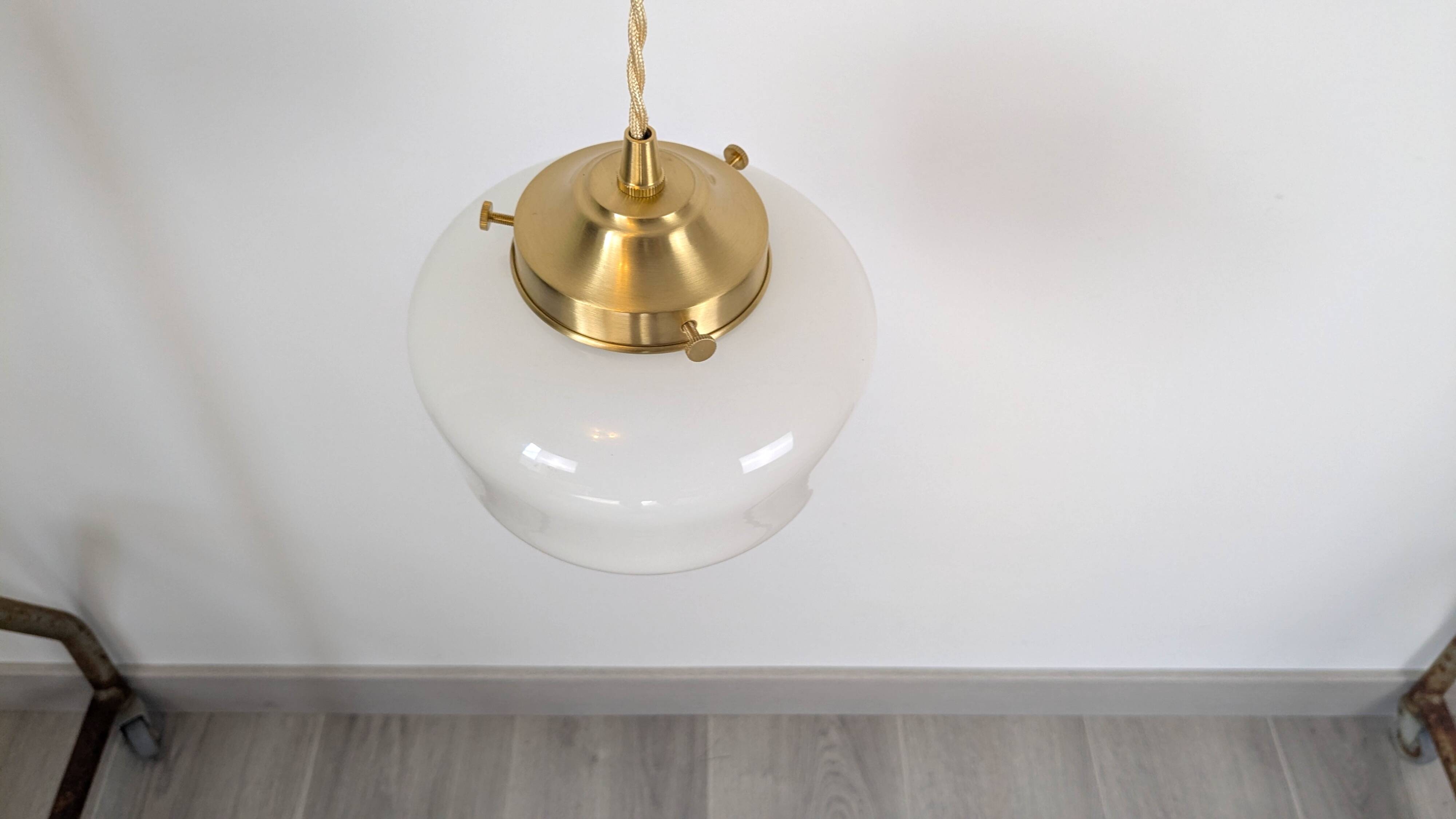 Antique opaline and brass pendant light – vintage globe 15 cm
