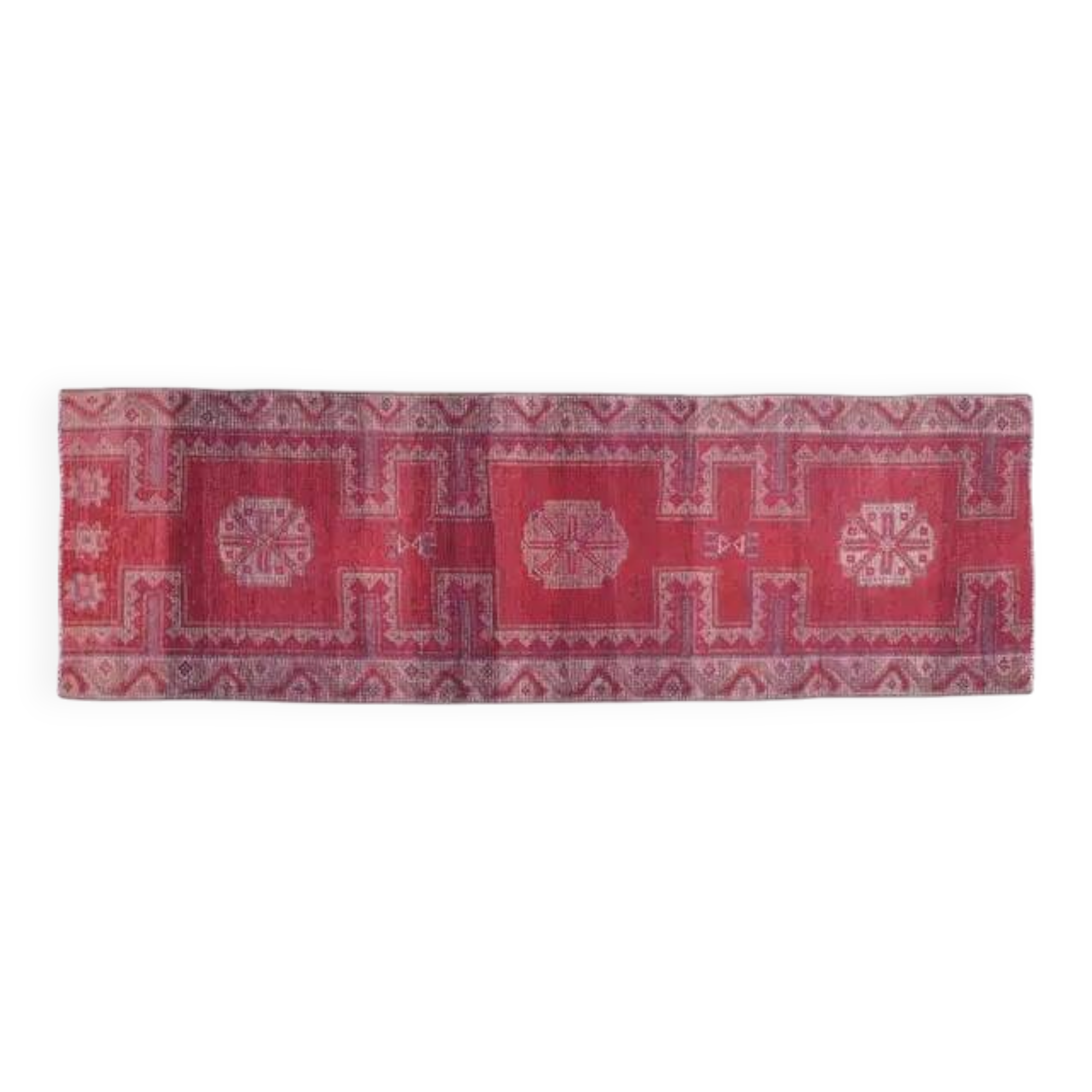 Vintage 1970s Turkish Oushak Handmade Pink Red Wool Wool Runner 89X265