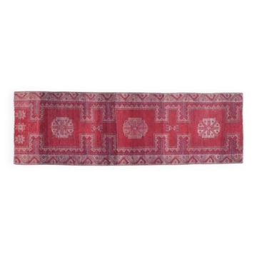 Vintage 1970s Turkish Oushak Handmade Pink Red Wool Wool Runner 89X265