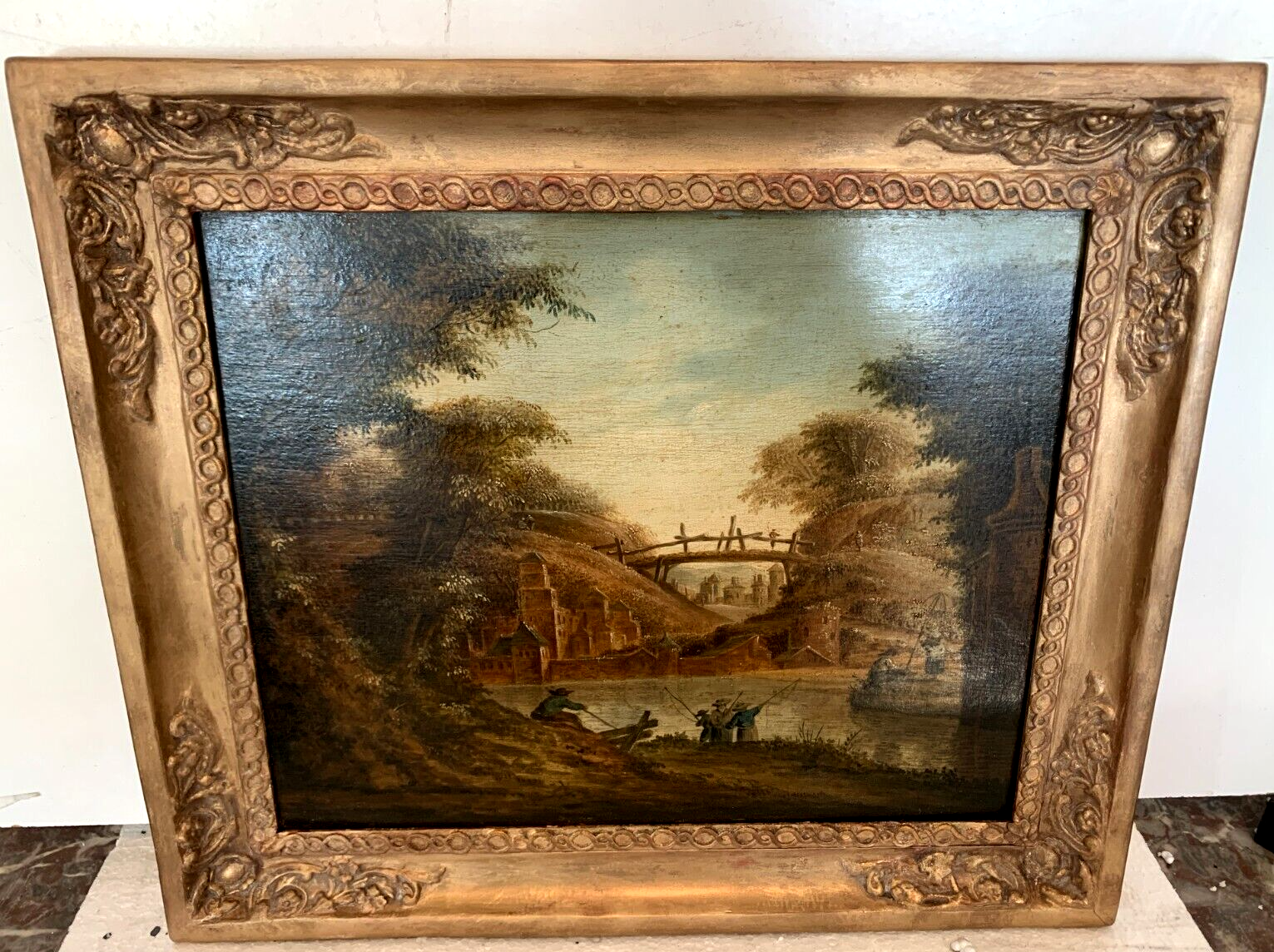 Oil on oak panel animated landscape xix century