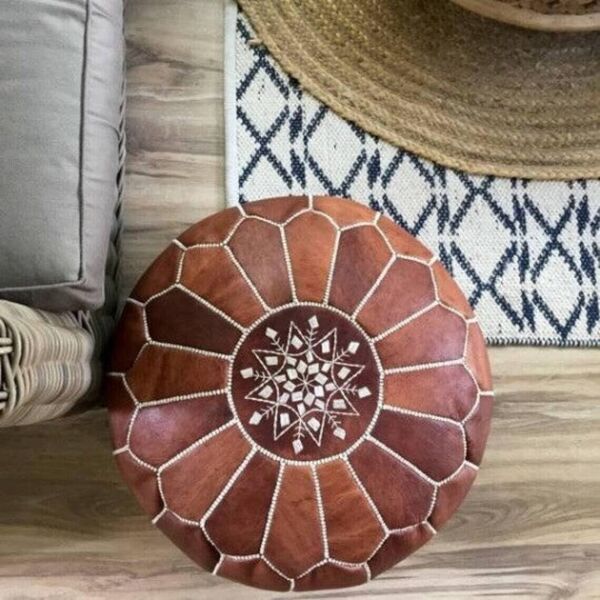 Pouf en cuir marocain, pouf ottoman marocain, pouf marocain BRUN, vintage marocain, pouf en cuir