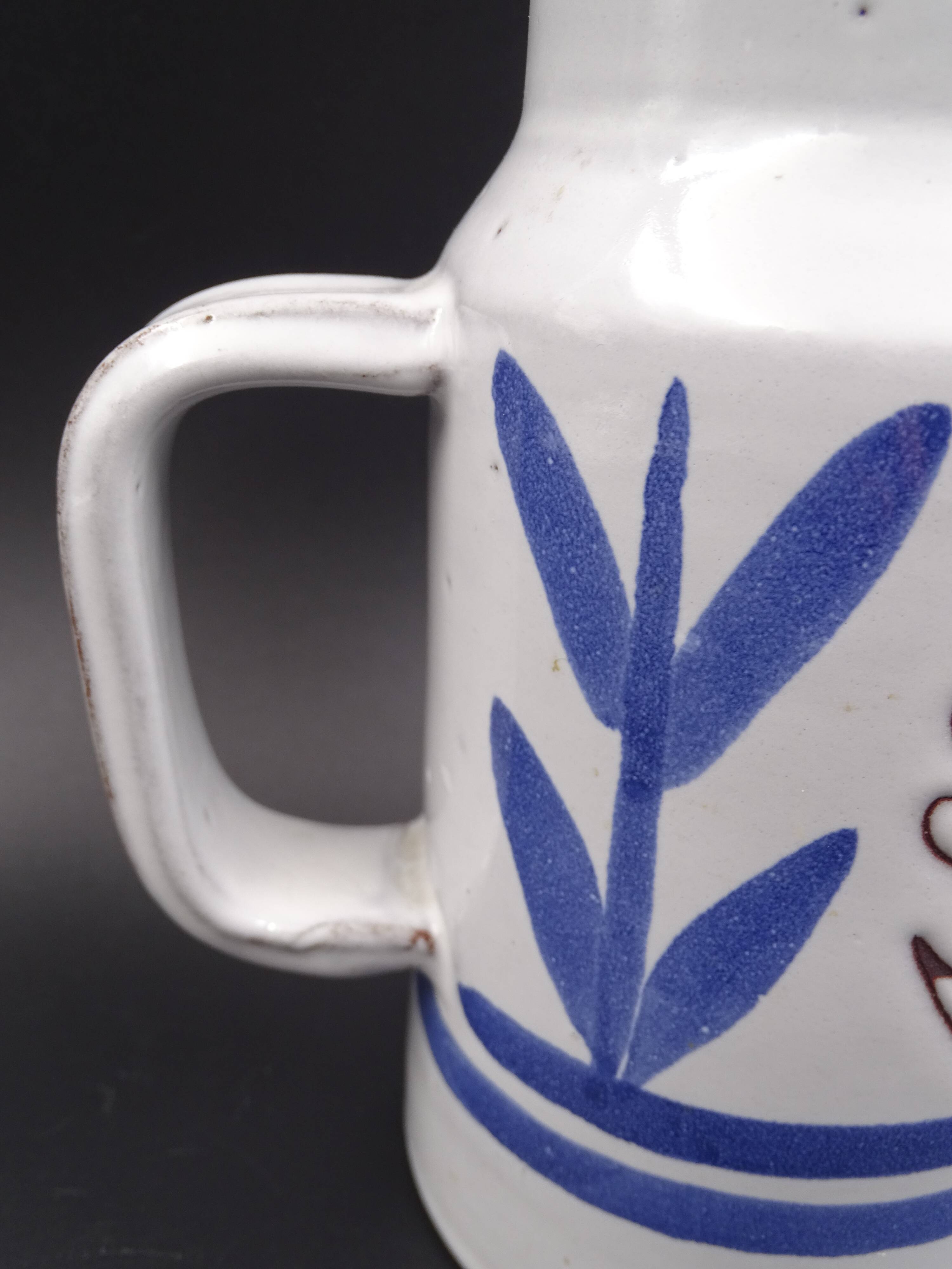 Enamelled terracotta pitcher, bird decoration engraved by Michel Barbier, Vallauris circa 1970