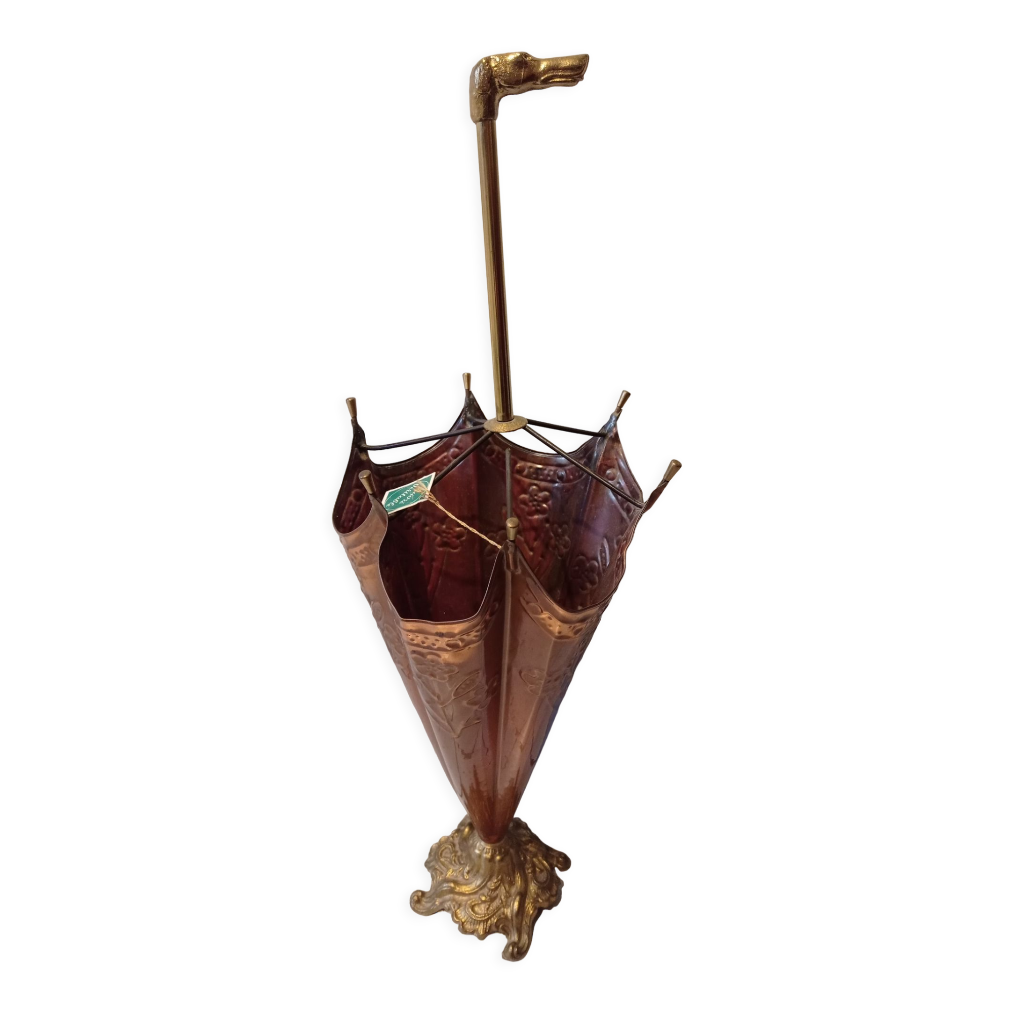 Old copper umbrella holder vintage handle dog head