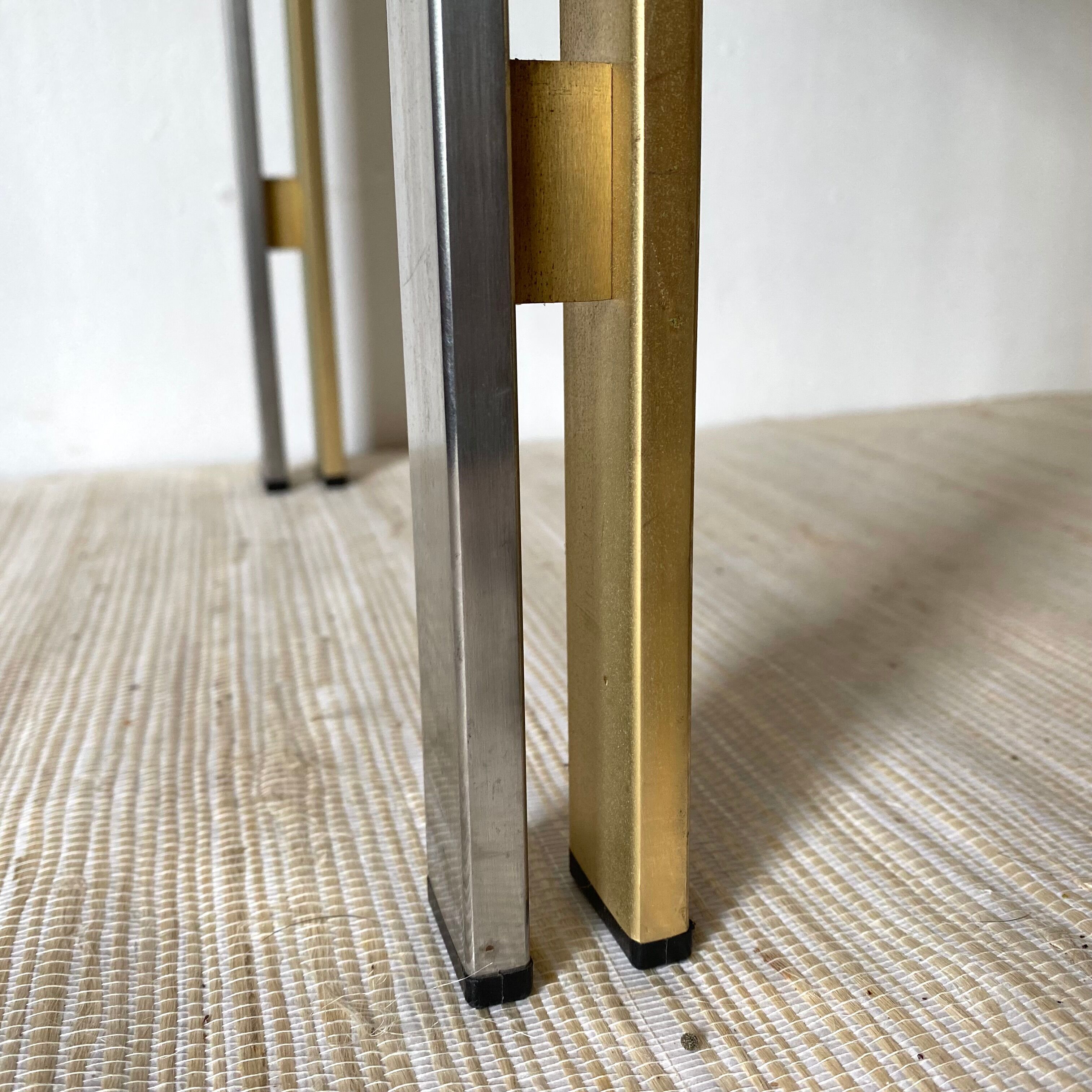 Side table, end of sofa in smoked glass and metal, 70s.