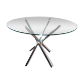 Table à manger ronde vintage années 70 plateau en verre transparent et piètement chromé