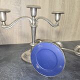 Pair of three-light candlesticks in silver-plated metal