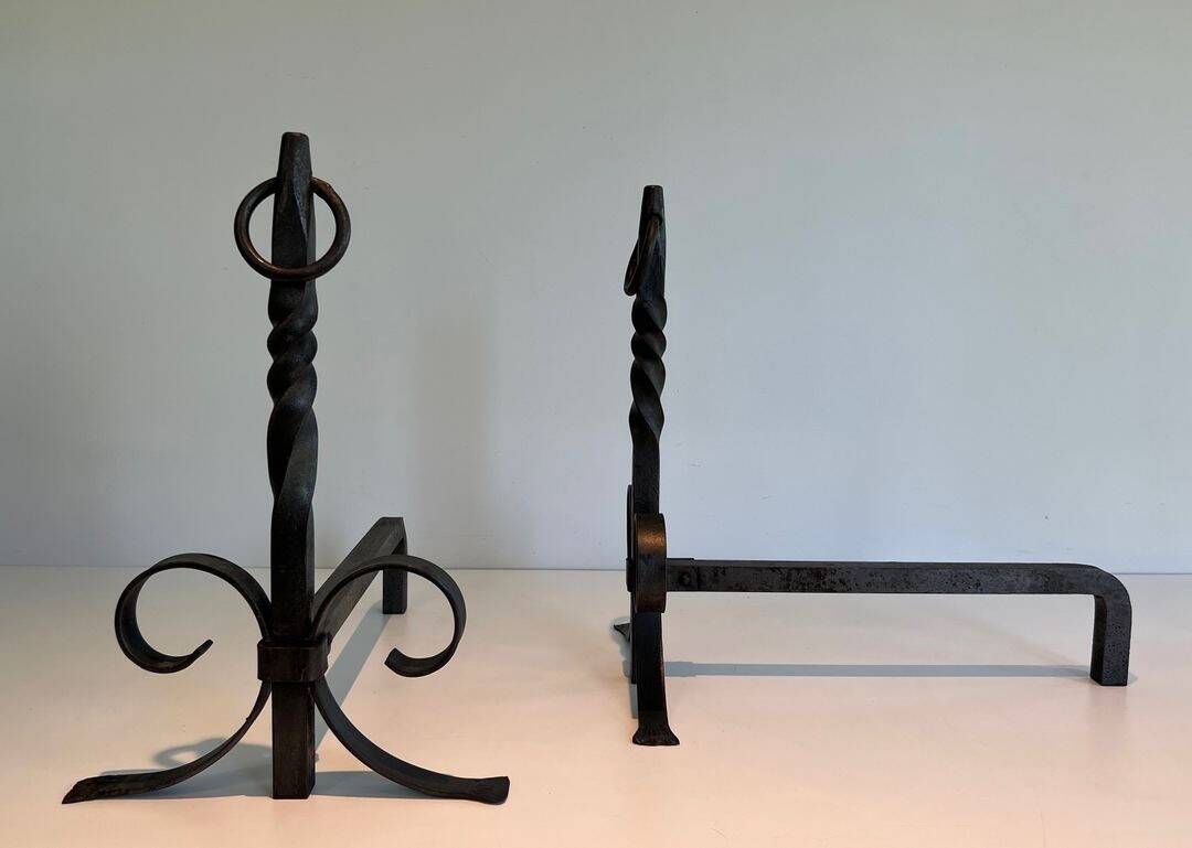 Pair of Neoclassical Fire Dogs in Wrought Iron with Twisted Columns, Finials