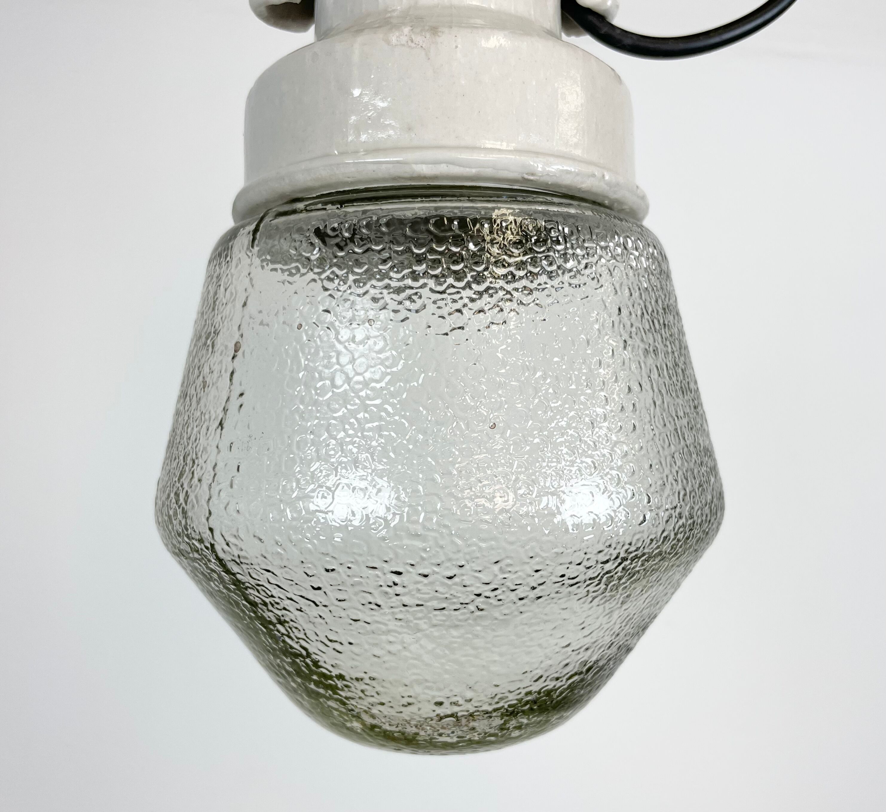 Industrial White Porcelain Pendant Light with Frosted Clear Glass, 1970s