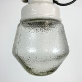 Industrial White Porcelain Pendant Light with Frosted Clear Glass, 1970s