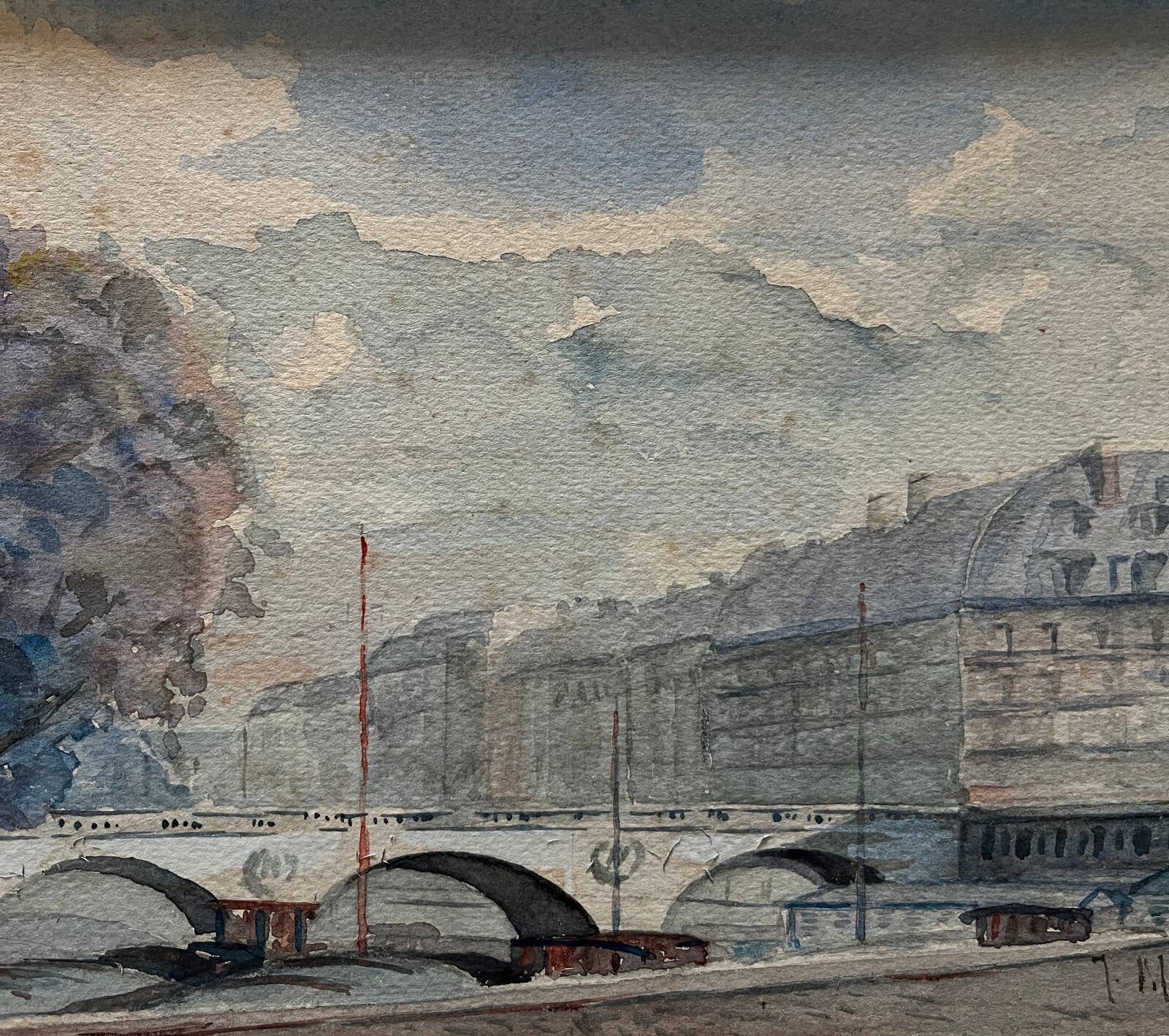 Watercolour painting early 20th century Paris Bridge Seine River signed J. M. Nicolle