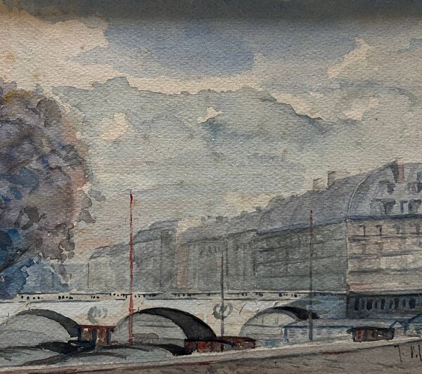 Tableau Aquarelle début XX° Pont de Paris Bord de Seine signé J. M. Nicolle