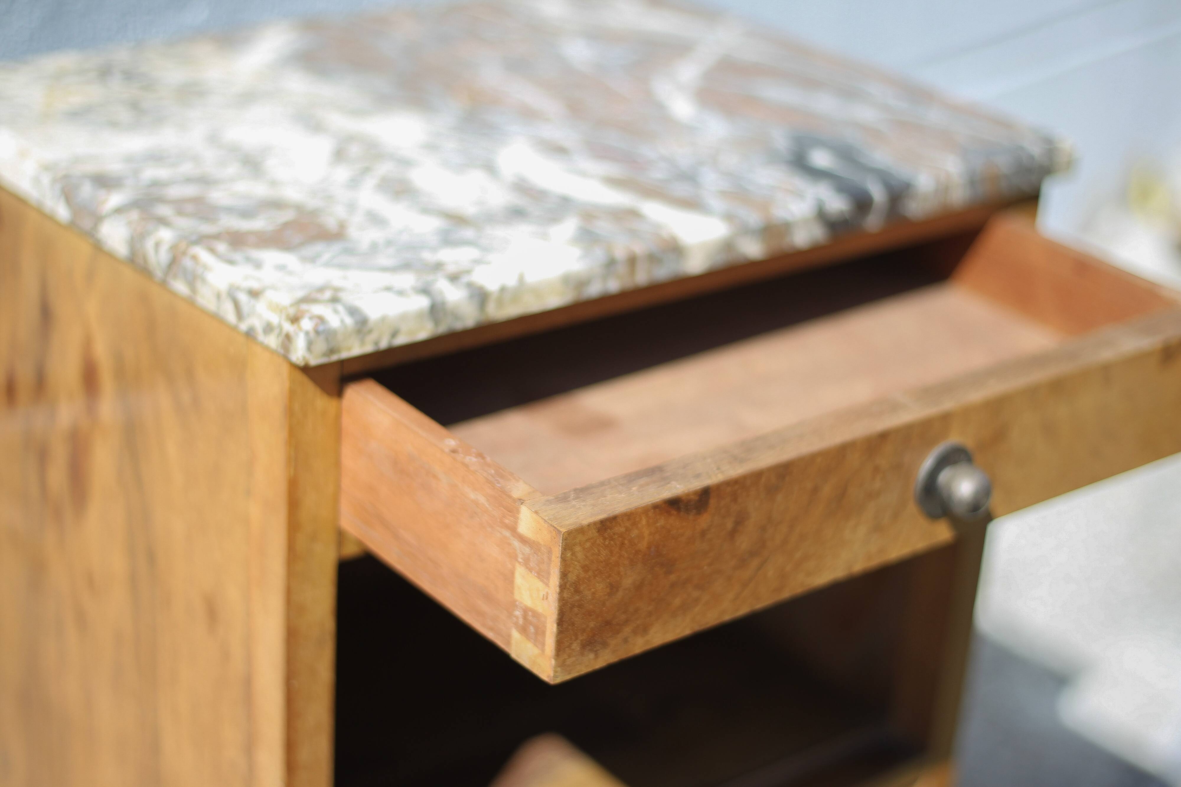 Art deco bedside table, art deco wooden bedside table with marble slab