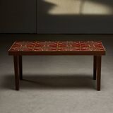 Table d'appoint basse en placage de bois avec plateau en céramique à fleurs colorées, années 1970