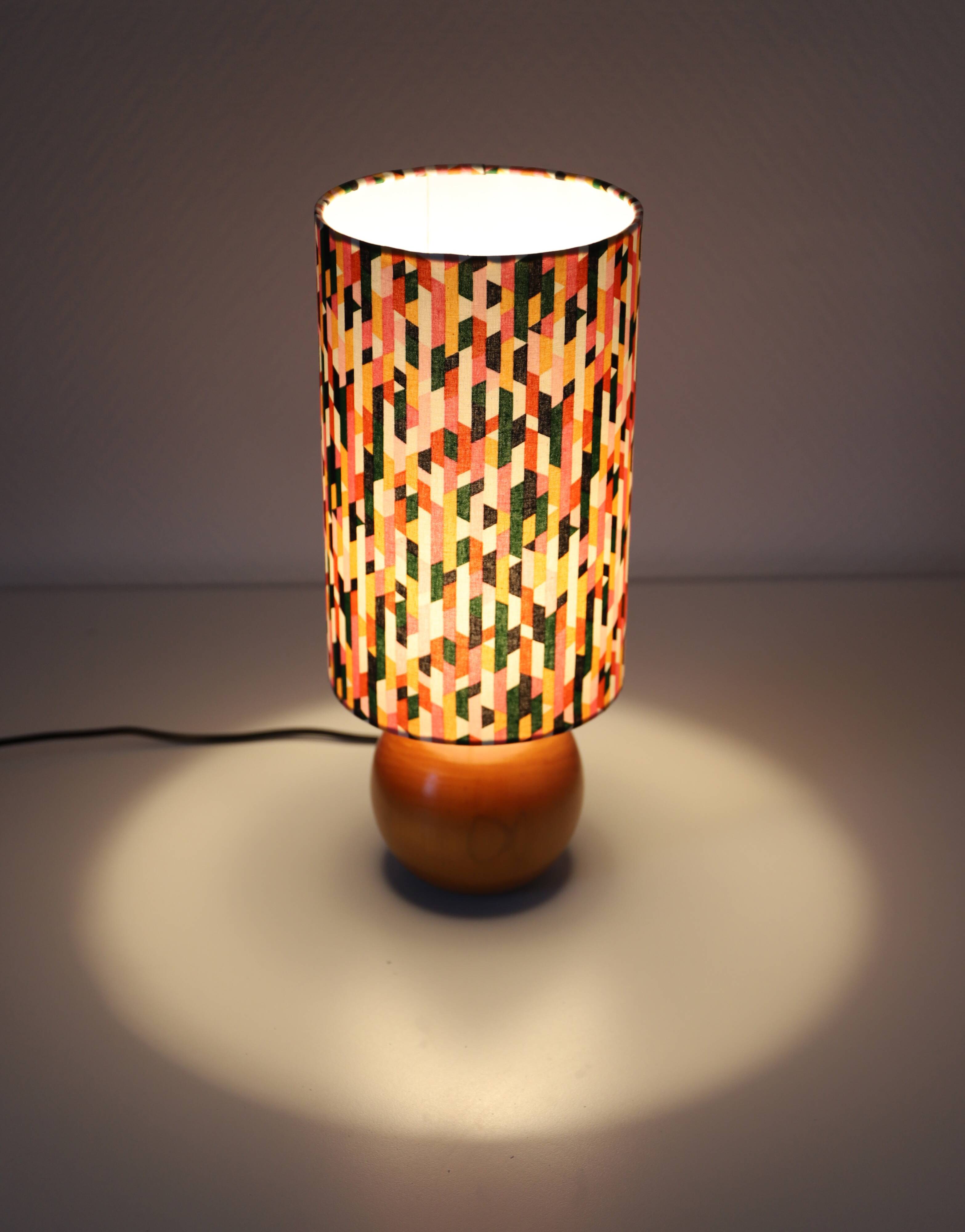 Bedside lamps, solid wood sphere base and printed cylinder lampshade
