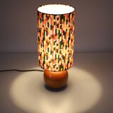 Lampes de chevet, pied bois massif sphère et abat-jour cilindre imprimé