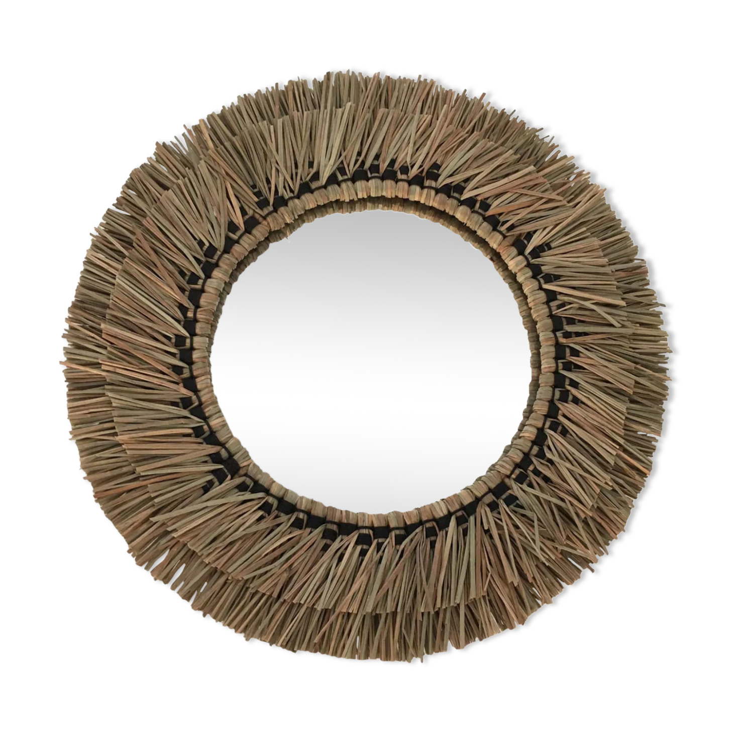 Wall mirror in natural raffia and black cords on wooden support, 37 cm