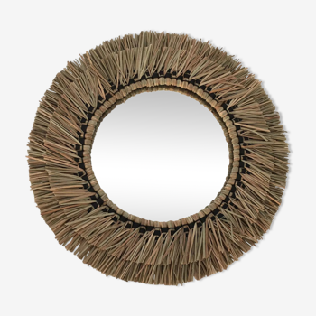 Wall mirror in natural raffia and black cords on wooden support, 37 cm