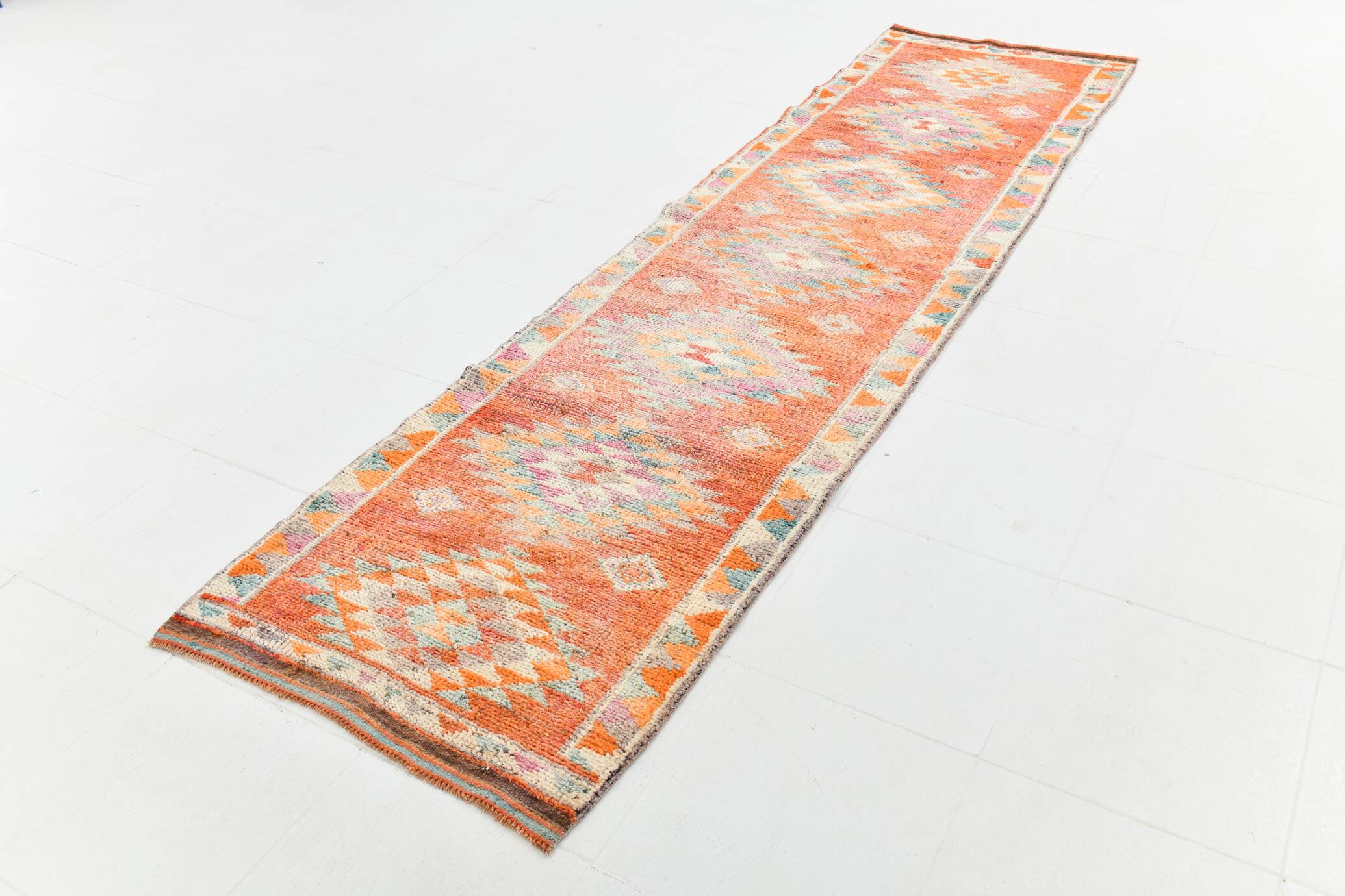 Tapis runner vintage orange à motifs géométriques faits main, 86x319Cm