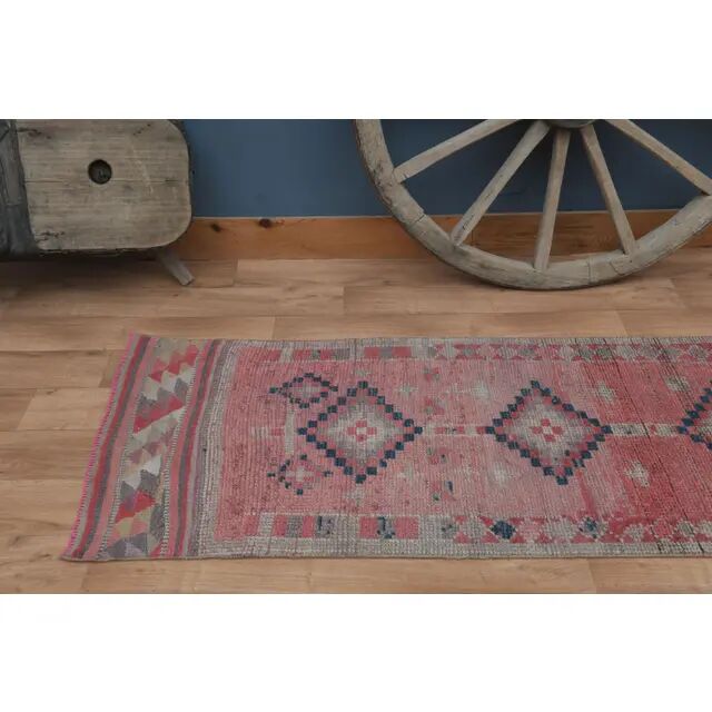 1970s Vintage Turkish Handmade Wool & Cotton Pink Runner Rug 75x318