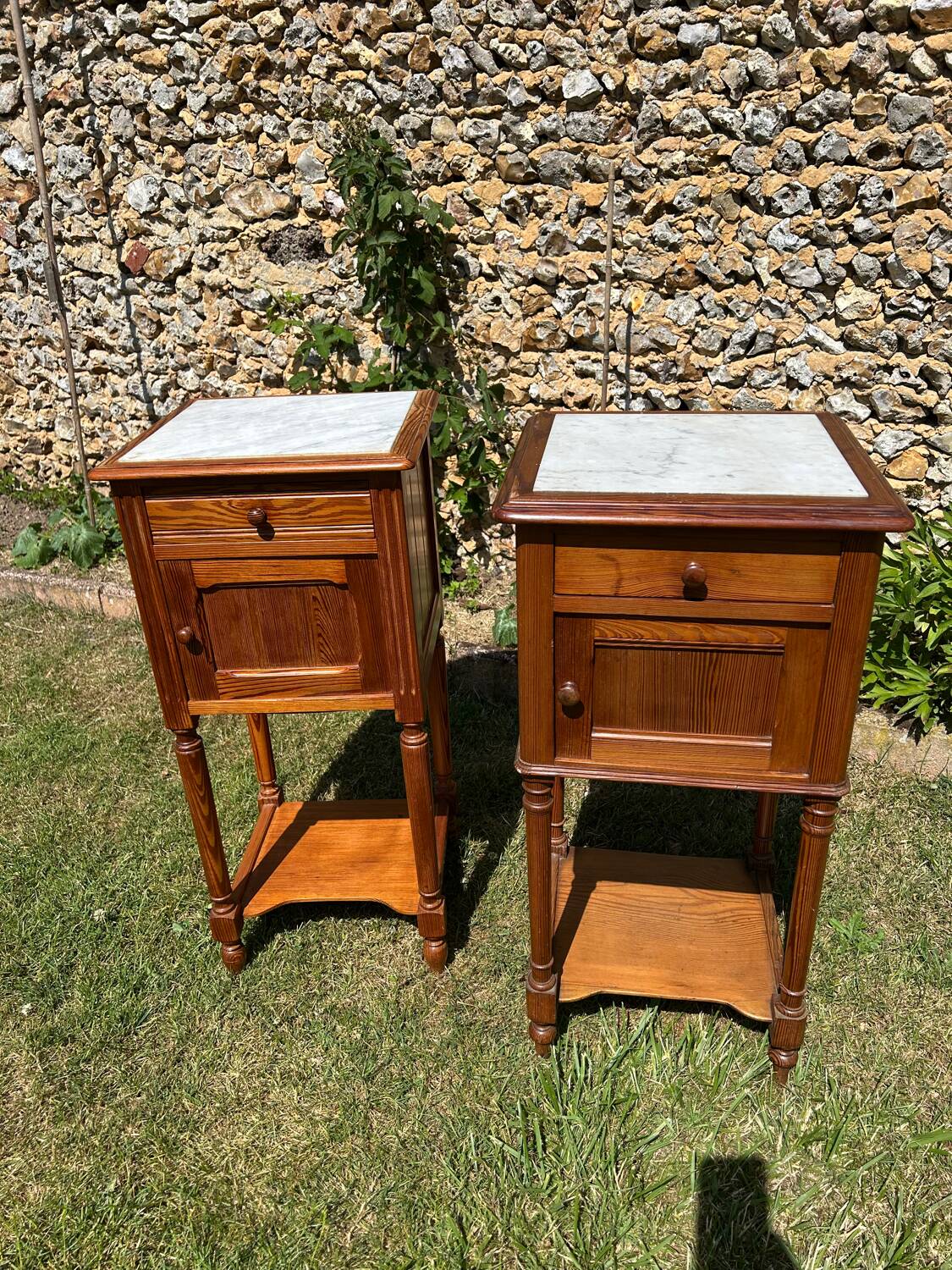 Pair of wooden and white marble bedside tables circa 1900