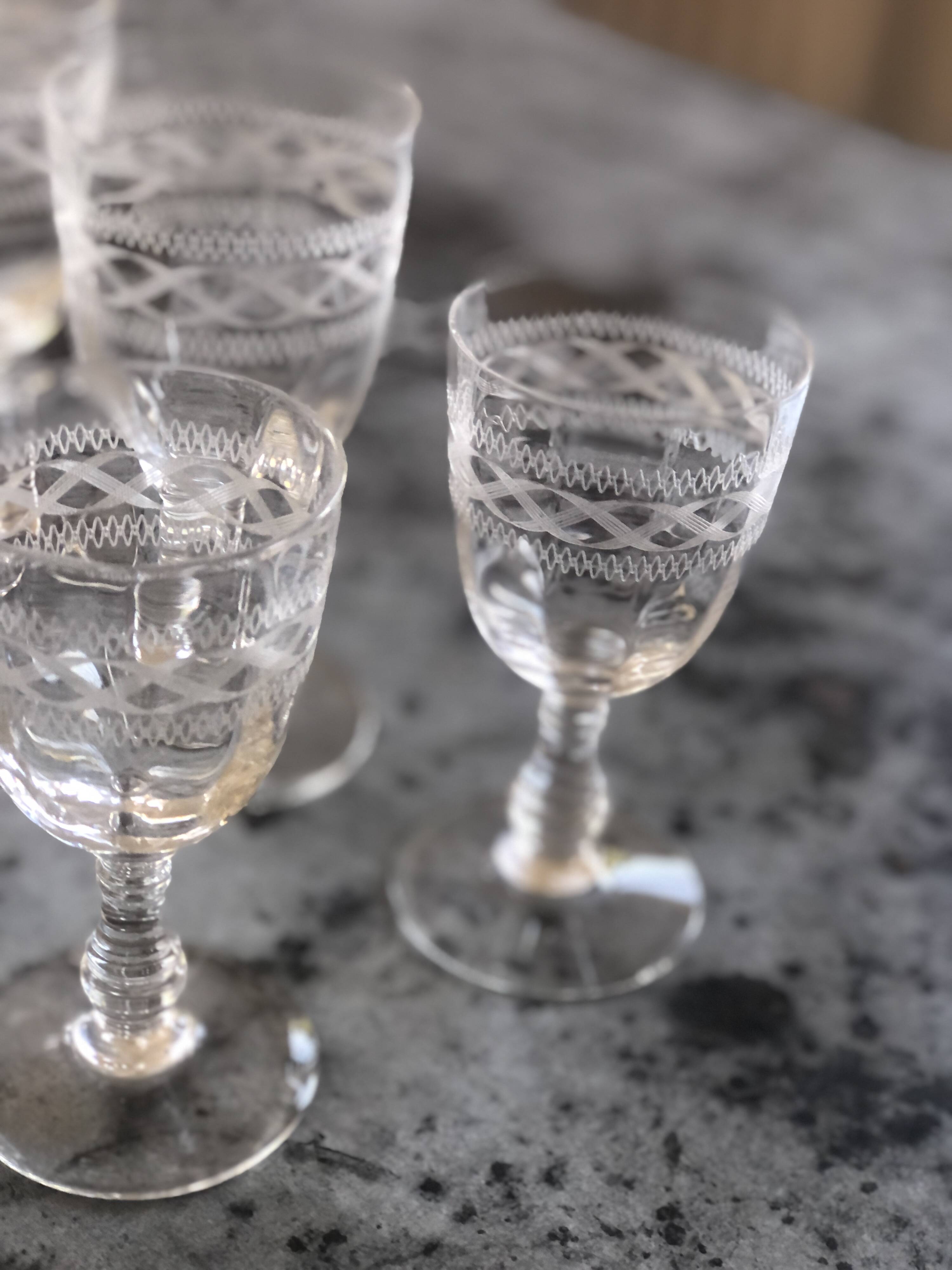 6 old engraved crystal glasses