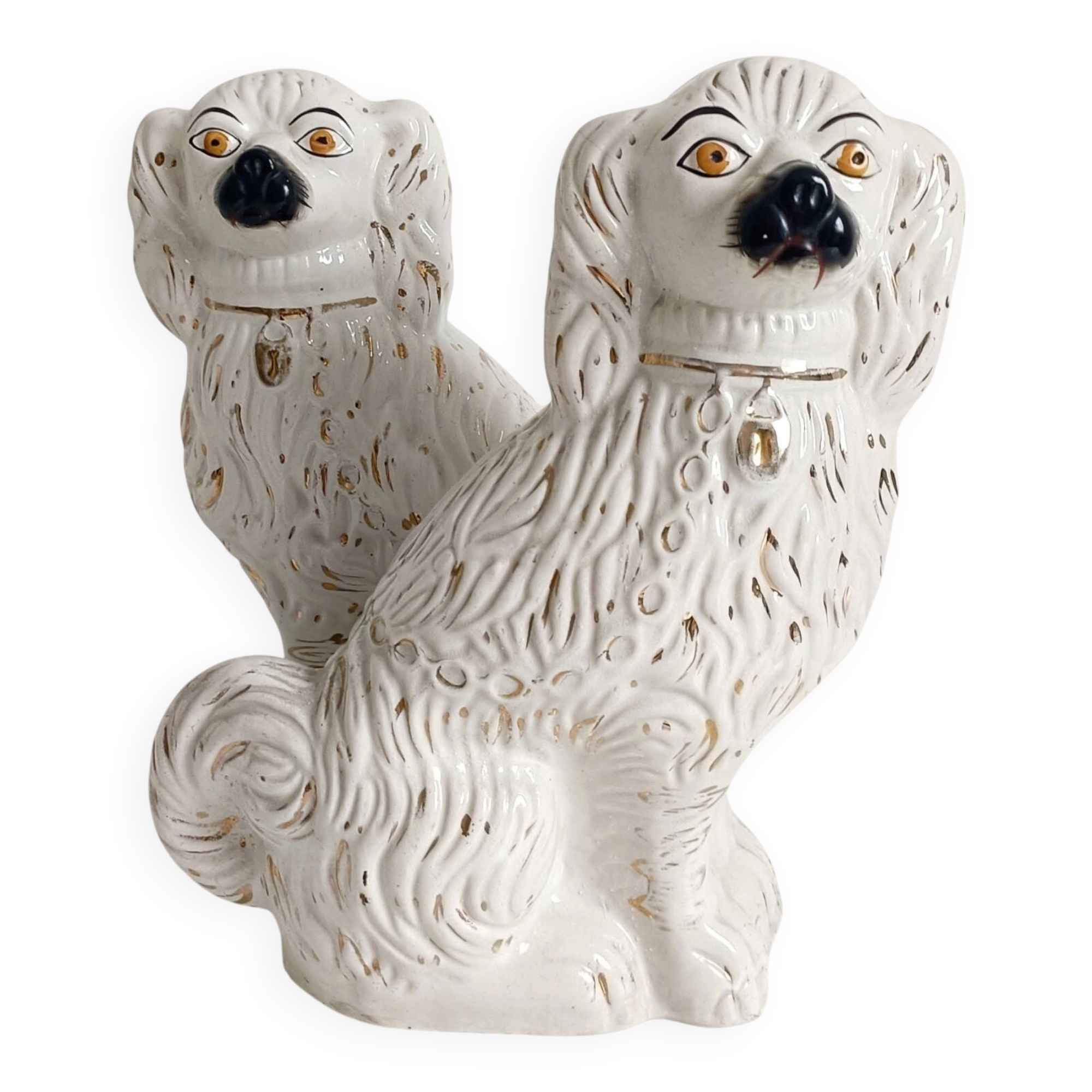 Pair of King Charles Spaniel dogs in Staffordshire majolica style.