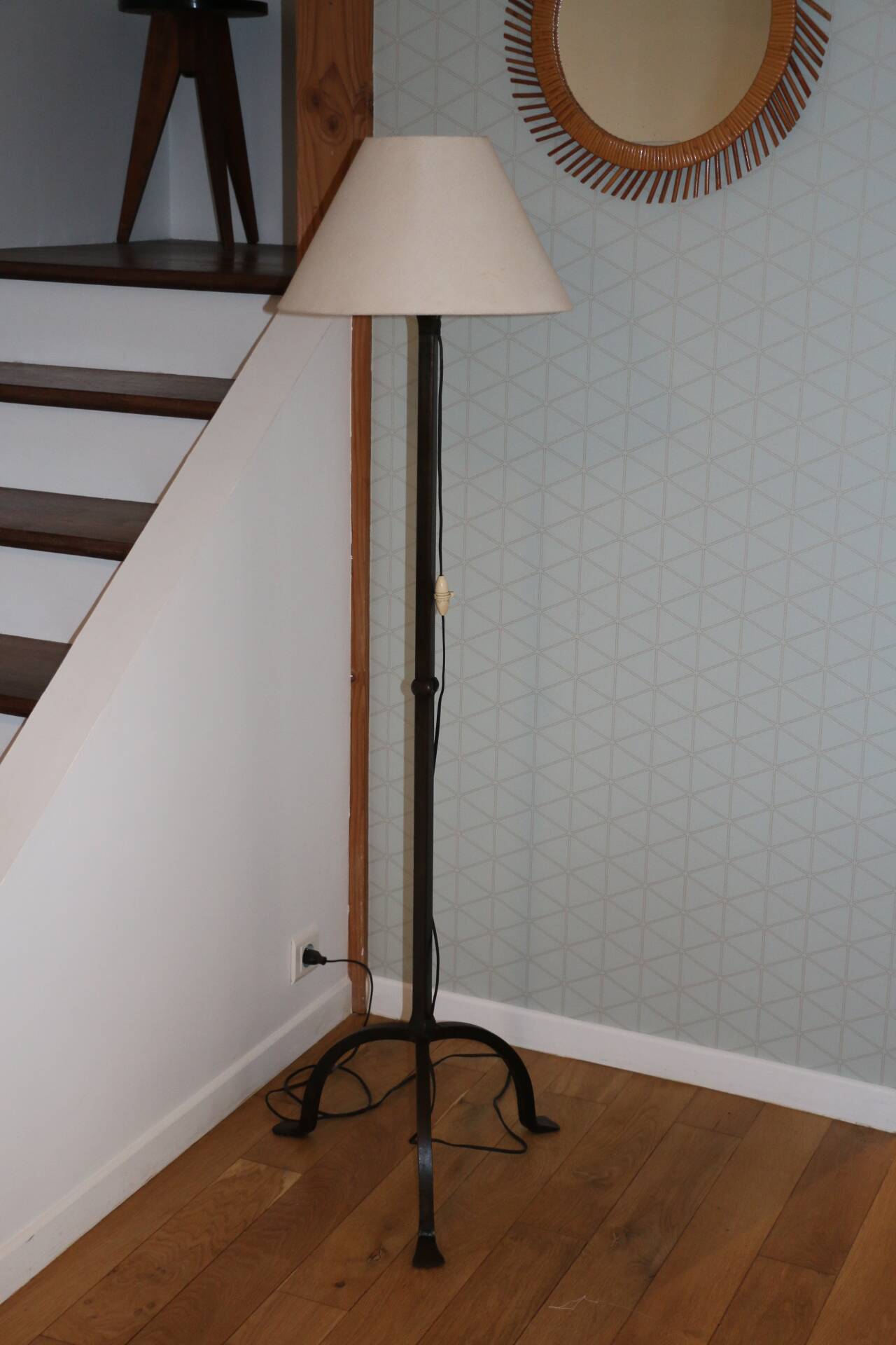 Brutalist cast iron tripod floor lamp