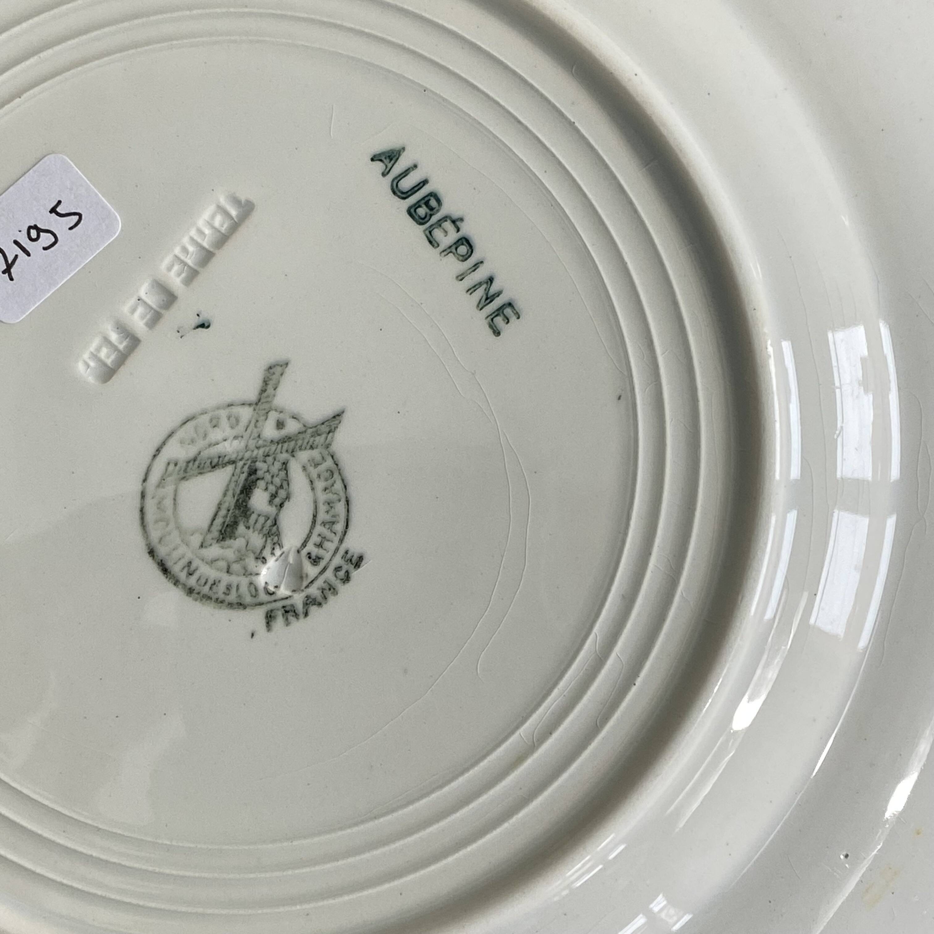6 antique earthenware dessert plates, ironstone, Moulin des Loups Aubépine