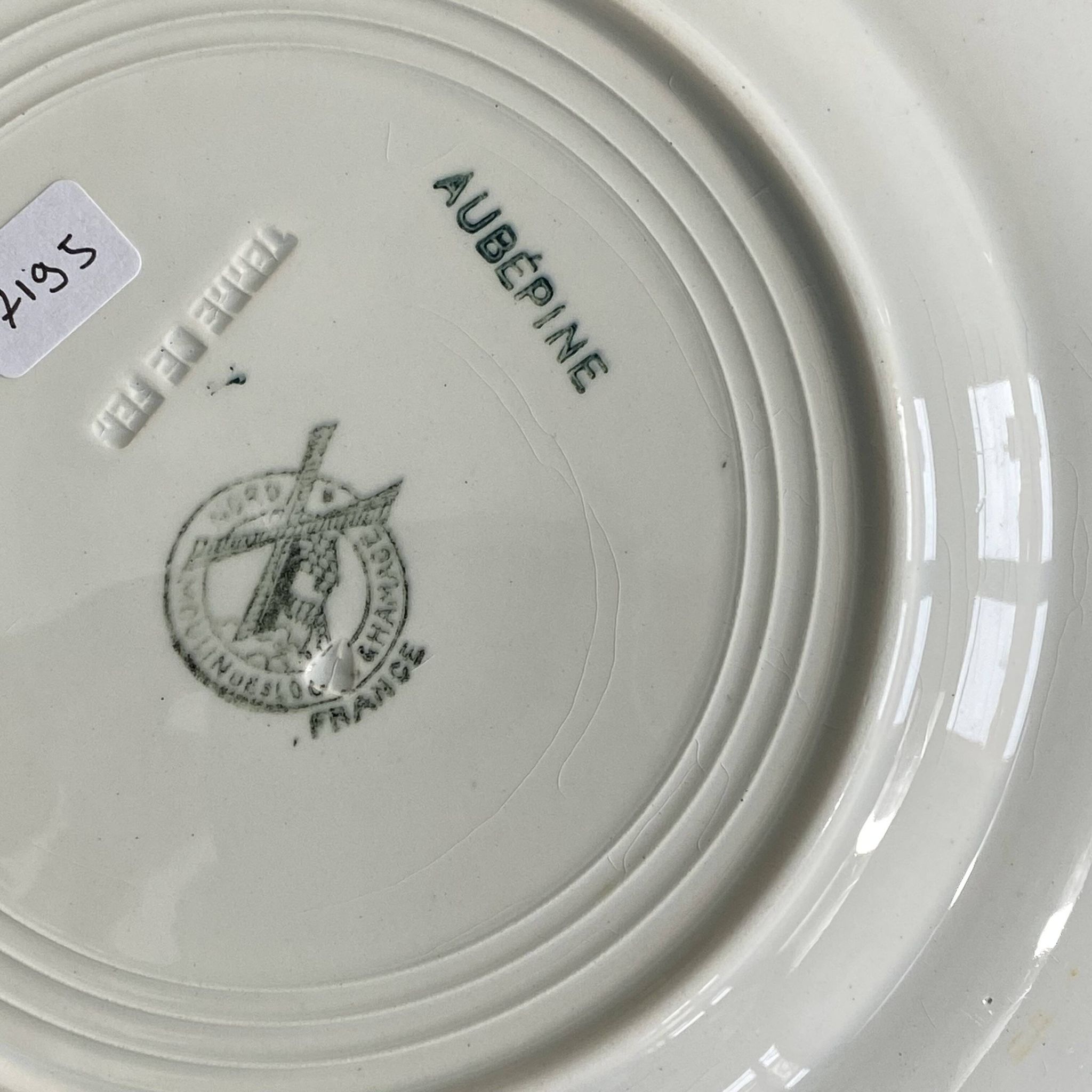 6 antique earthenware dessert plates, ironstone, Moulin des Loups Aubépine