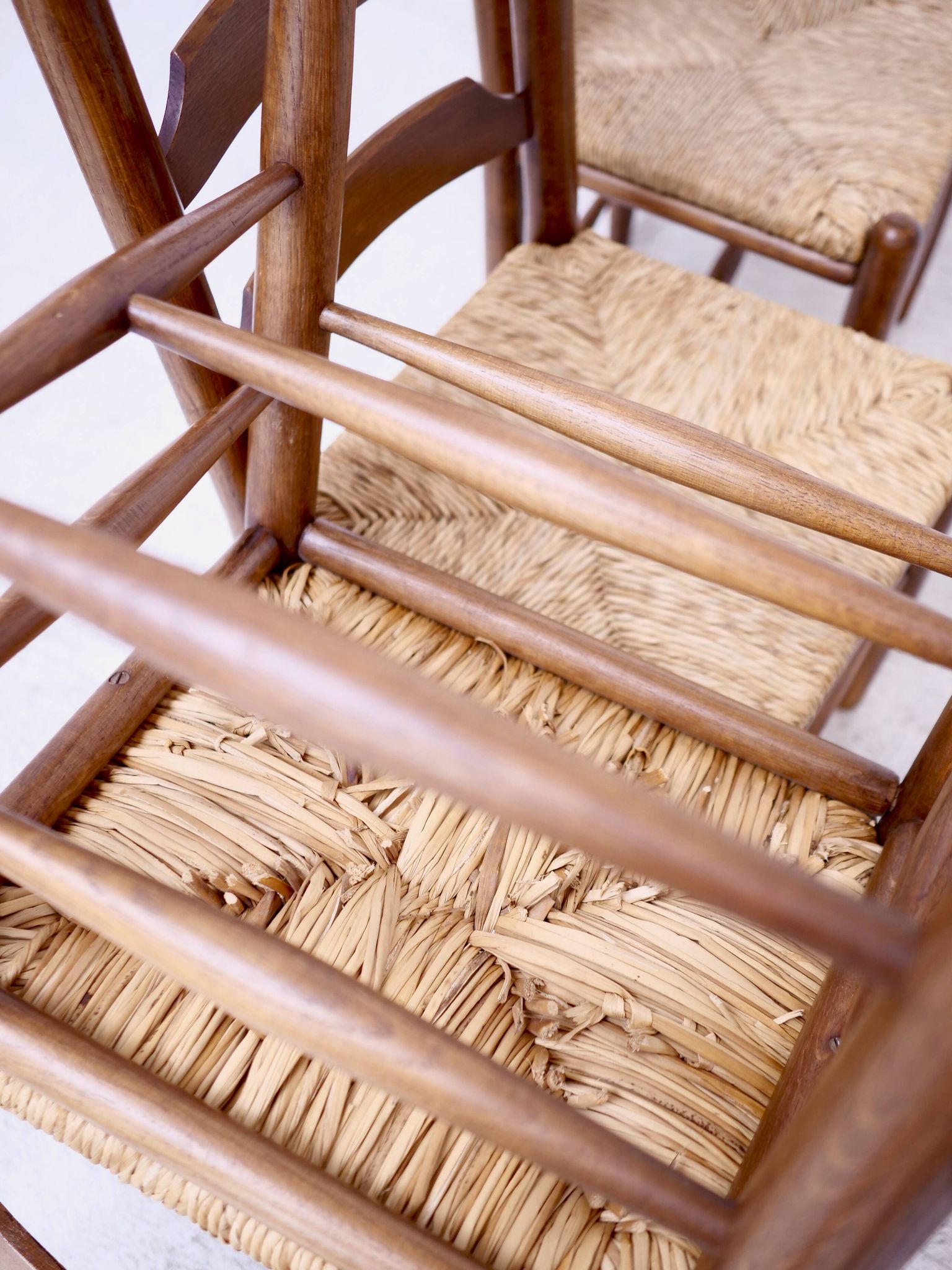 Architectural high-back chairs, straw seat, set of 4.