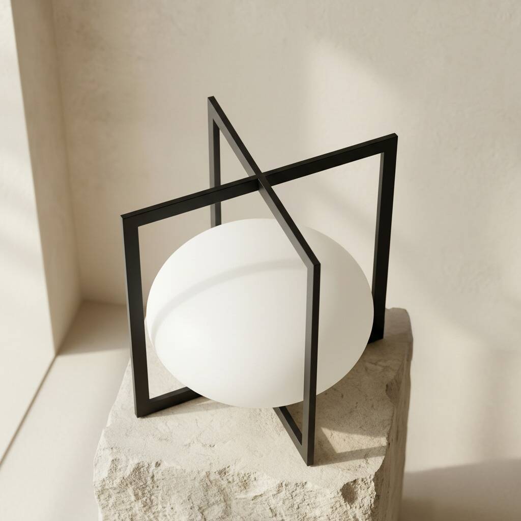 Minimalist Cube Table Lamp Black Metal Opal Glass Geometric European 1970s