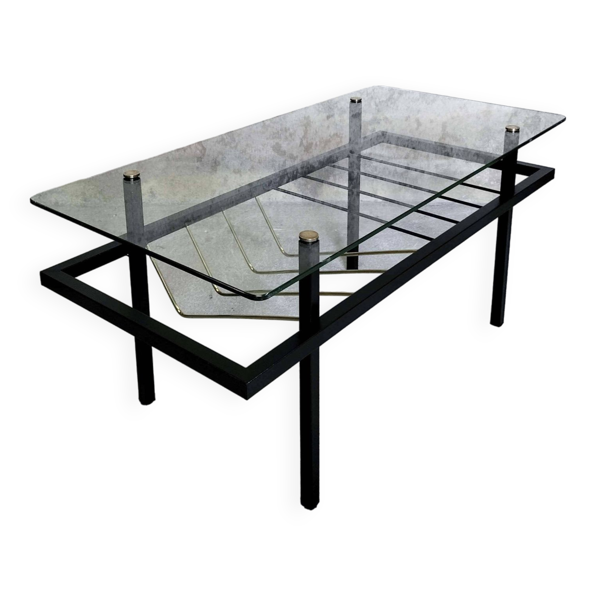 Table basse en verre, métal et laiton