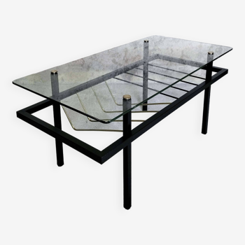 Table basse en verre, métal et laiton