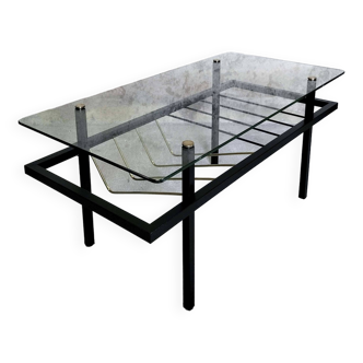 Glass, metal and brass coffee table