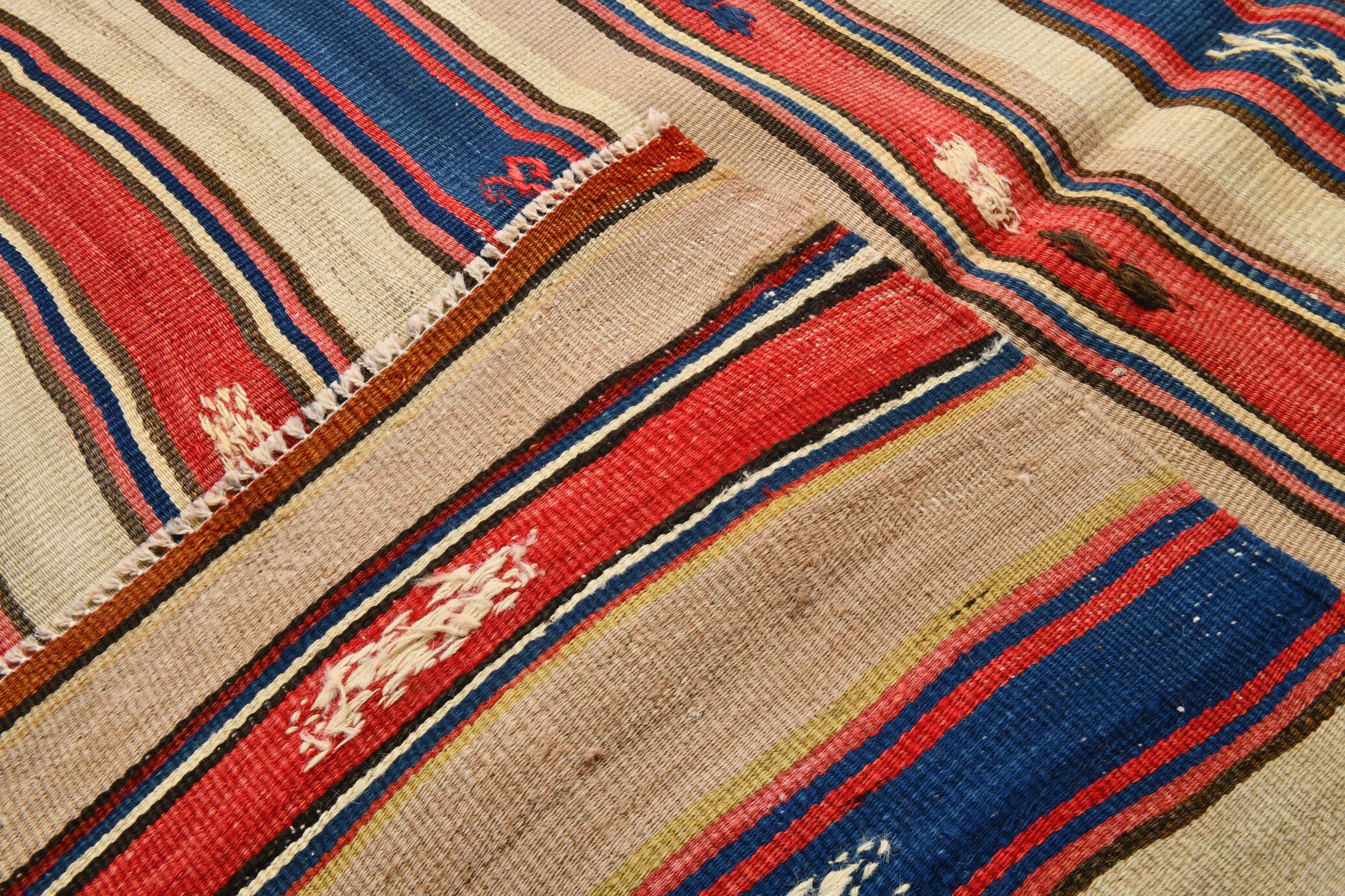 Cream Blue Striped Pattern Vintage Kilim Rug, 162x267Cm