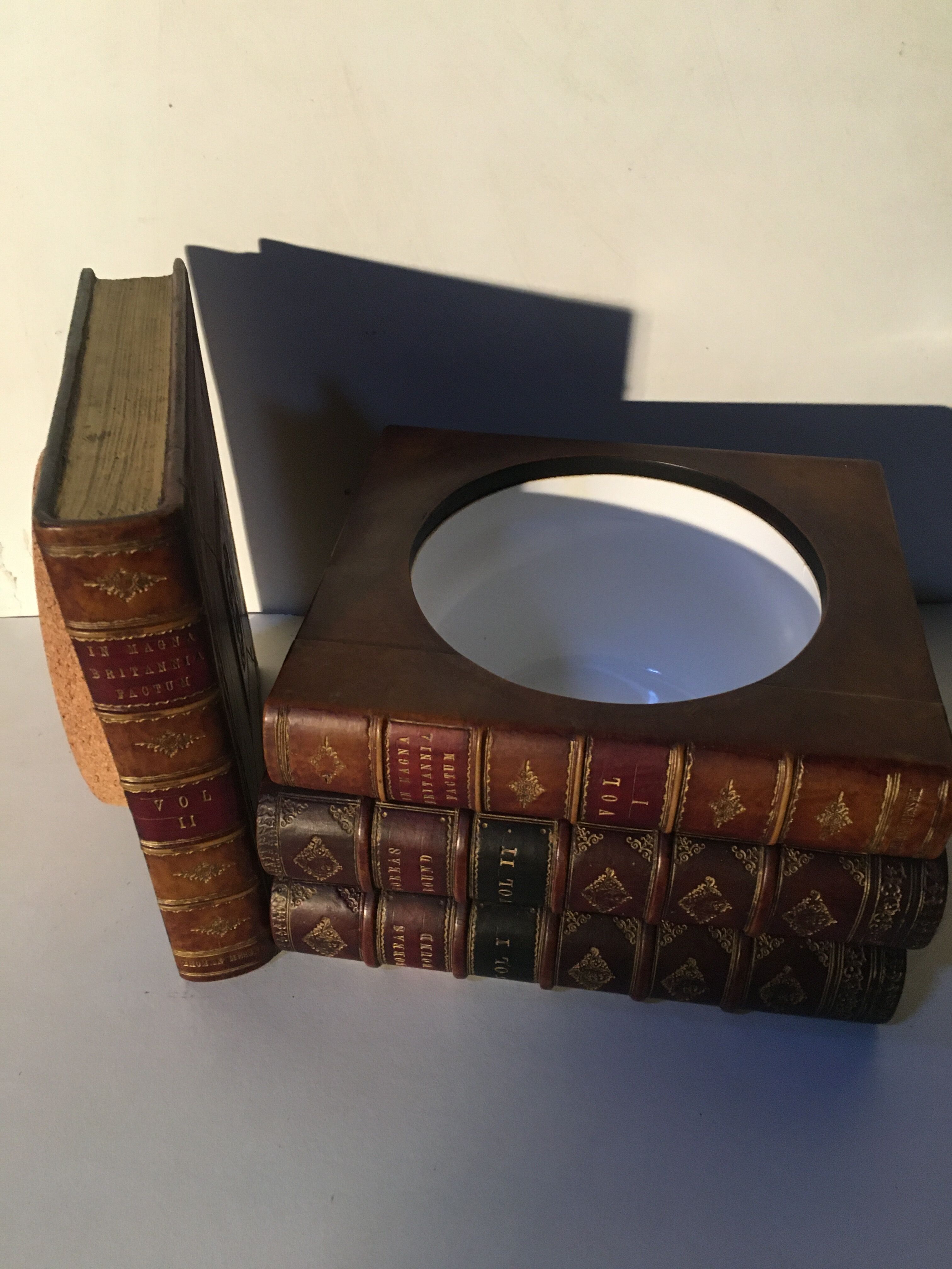 Stacked book ice bucket made of wood and leather
