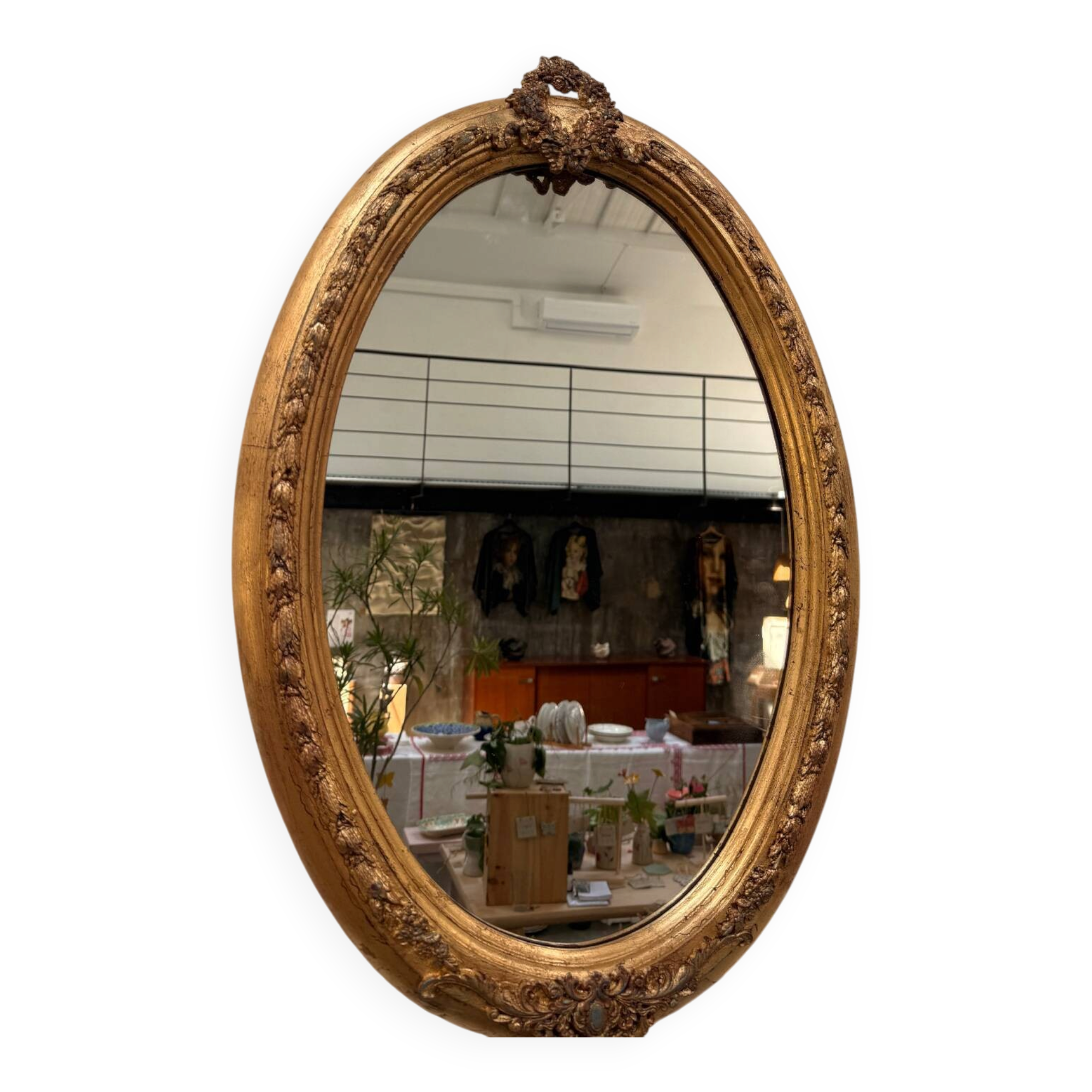 Gold oval mirror refurbished with a pediment — Louis XVI / Napoléon III style